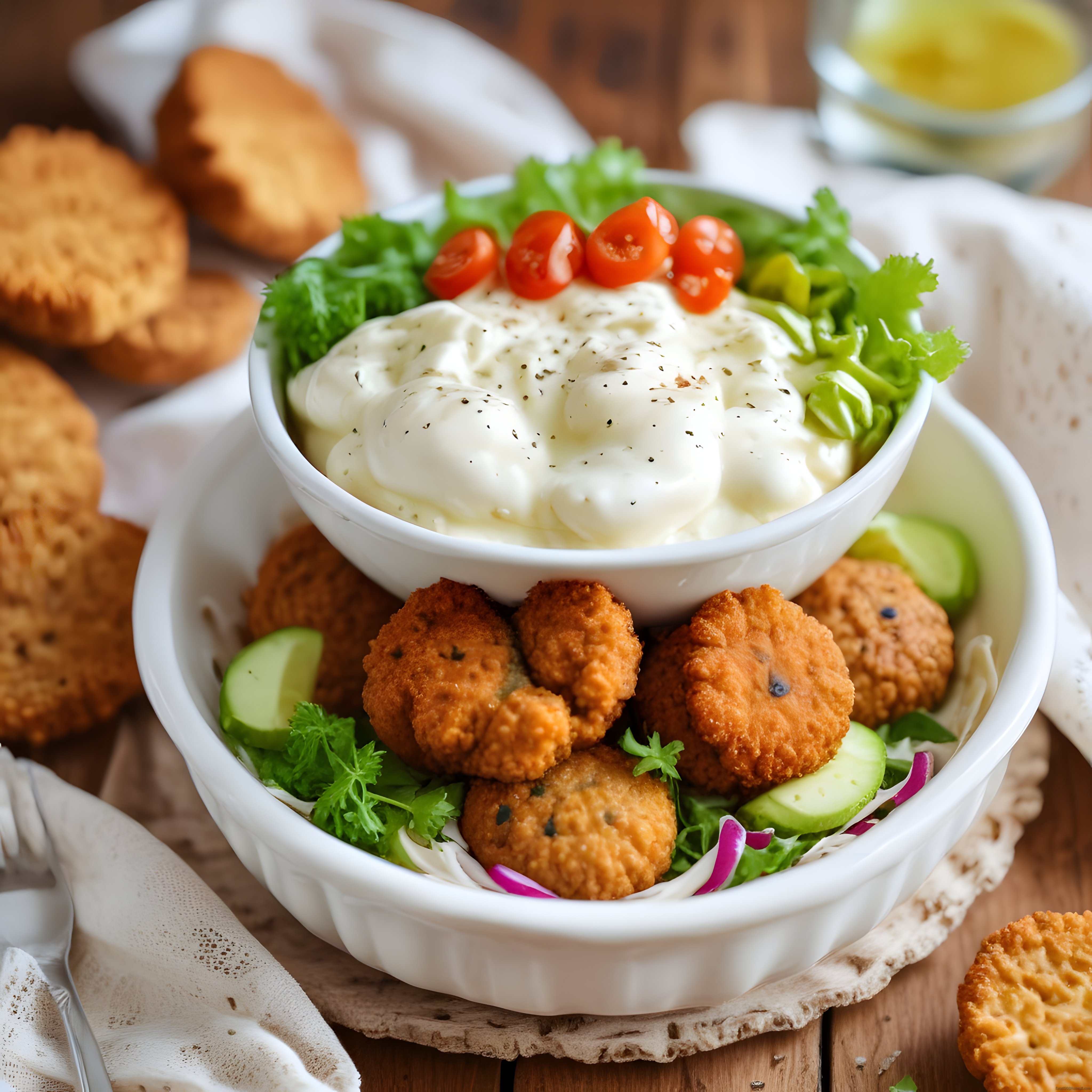 Çıtır Falafel Topları, Yoğurt Sosu ve Taze Sebzelerle Dolu Nefis Kase