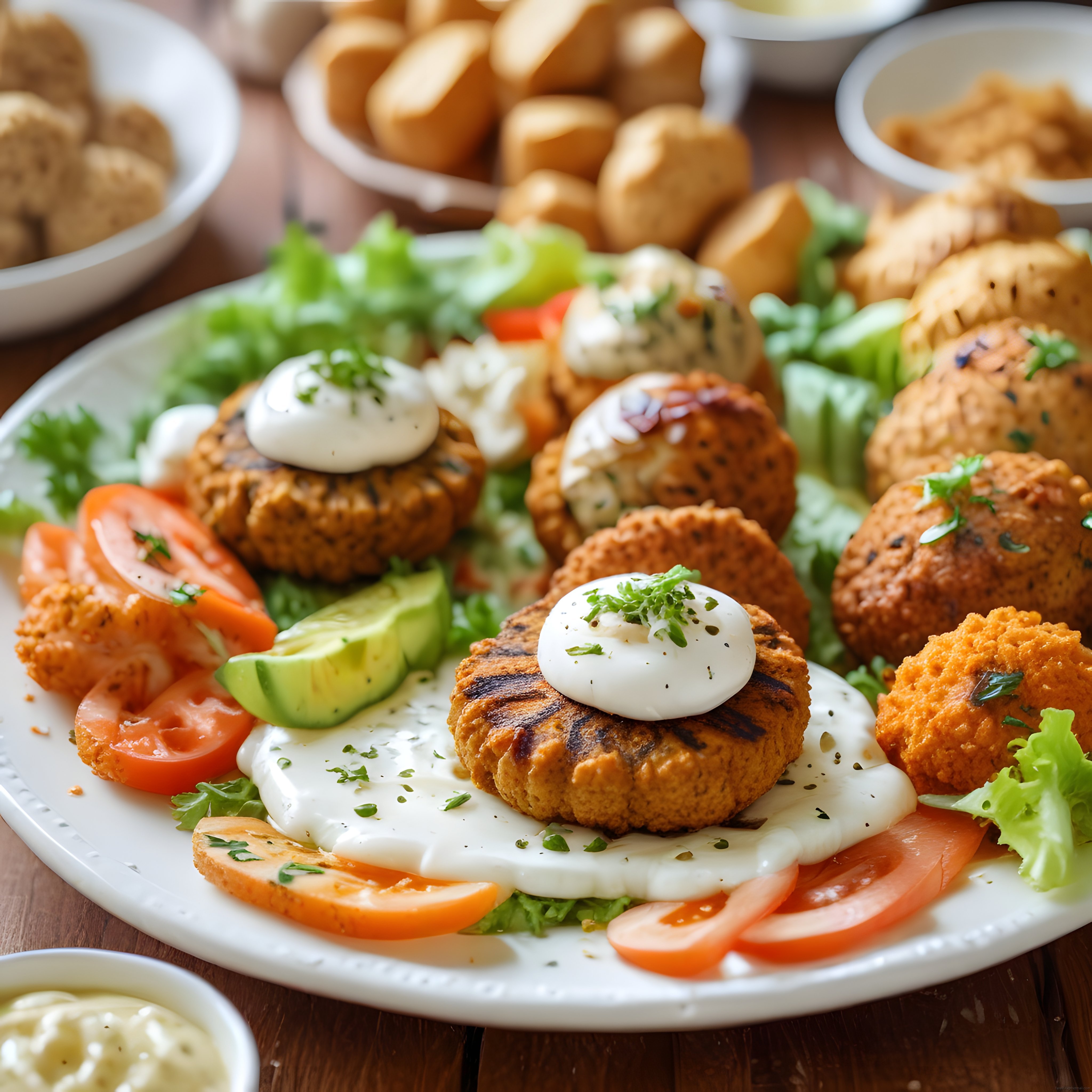 Çıtır Falafel ve Izgara Köfte Tabağı, Yoğurt Sosu ile Renkli Sunum