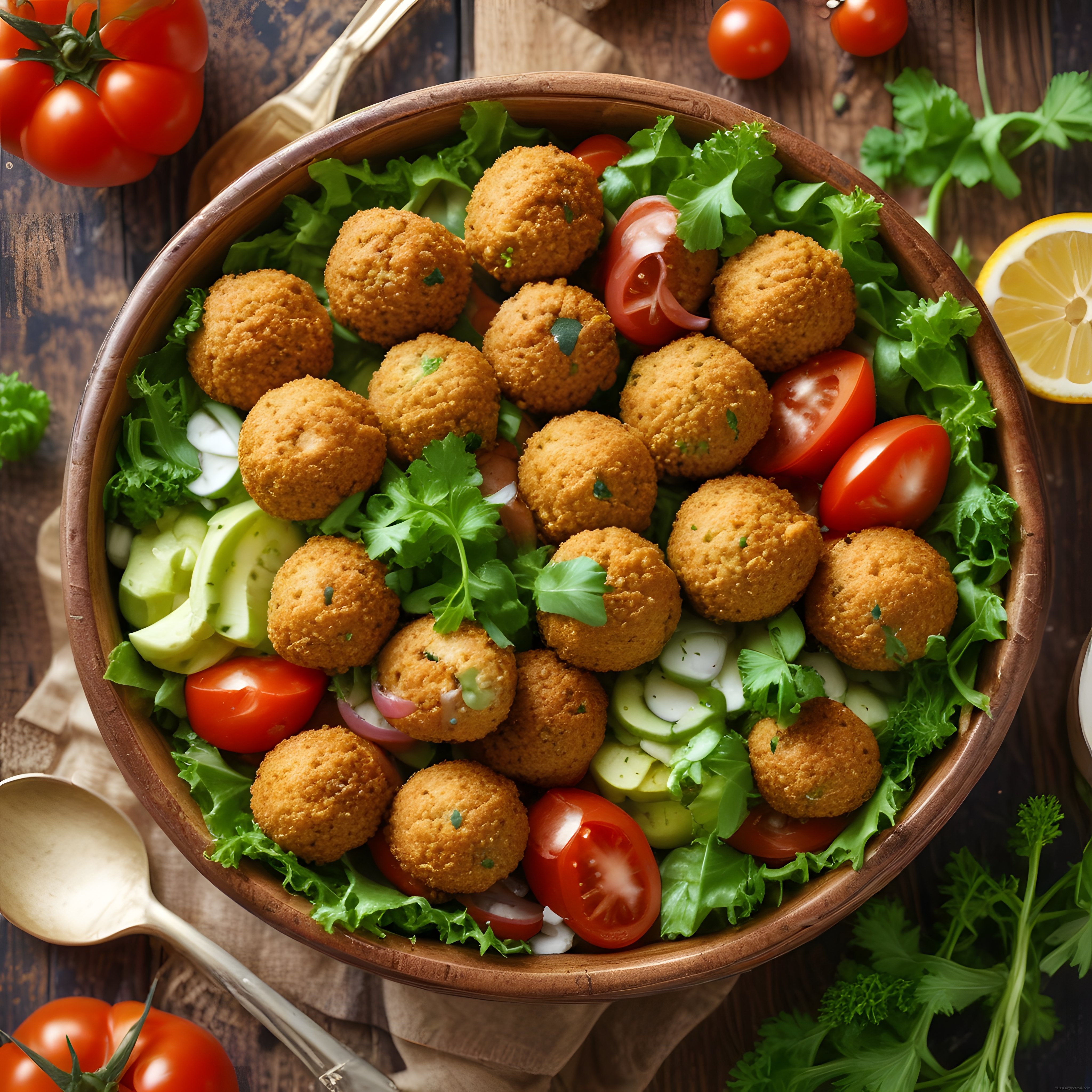 Çıtır falafel ve taze yeşillik salatasının rustik masada leziz sunumu