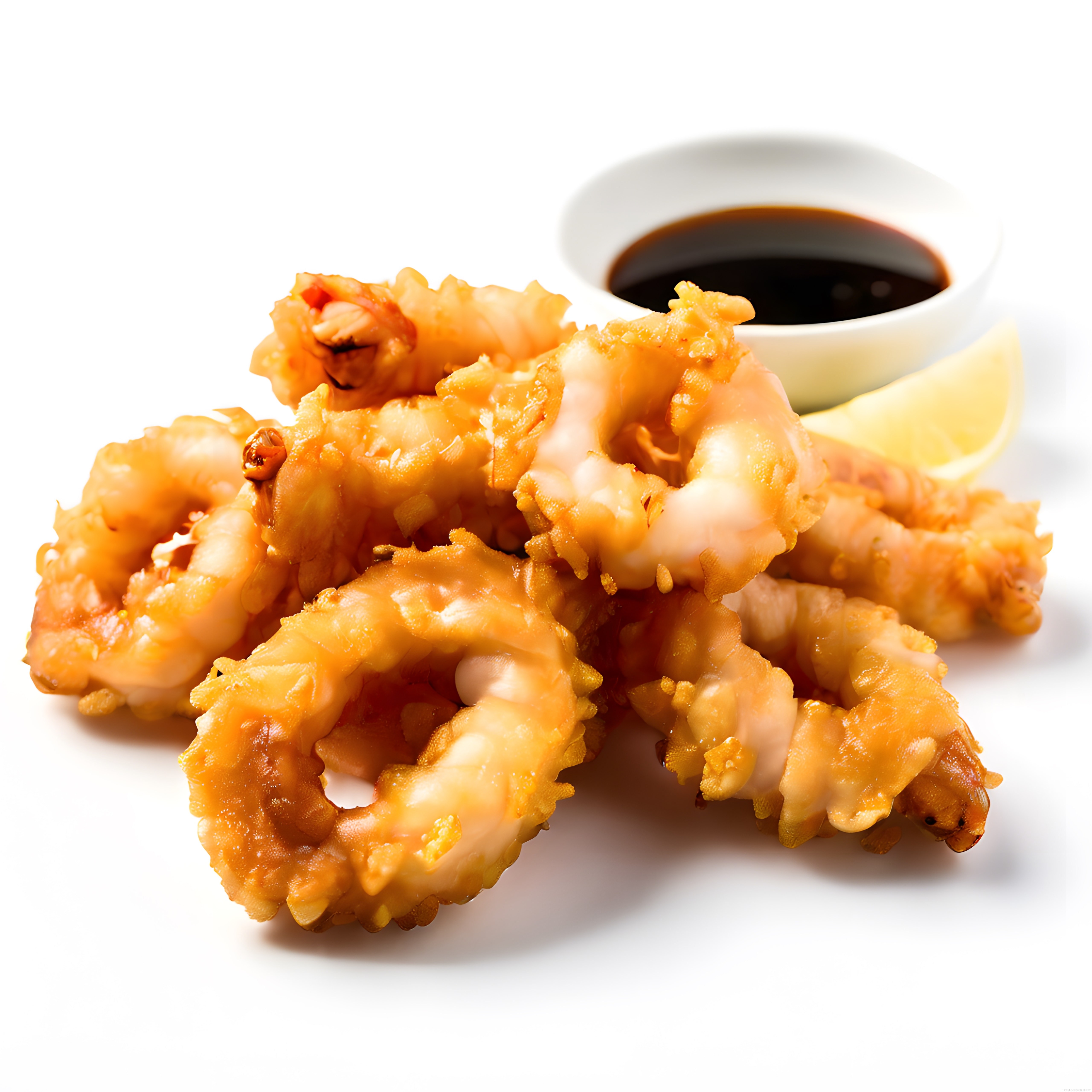 Çıtır Japon Tempura Karides Beyaz Arka Planda, Soya Sosu ve Limon Eşliğinde