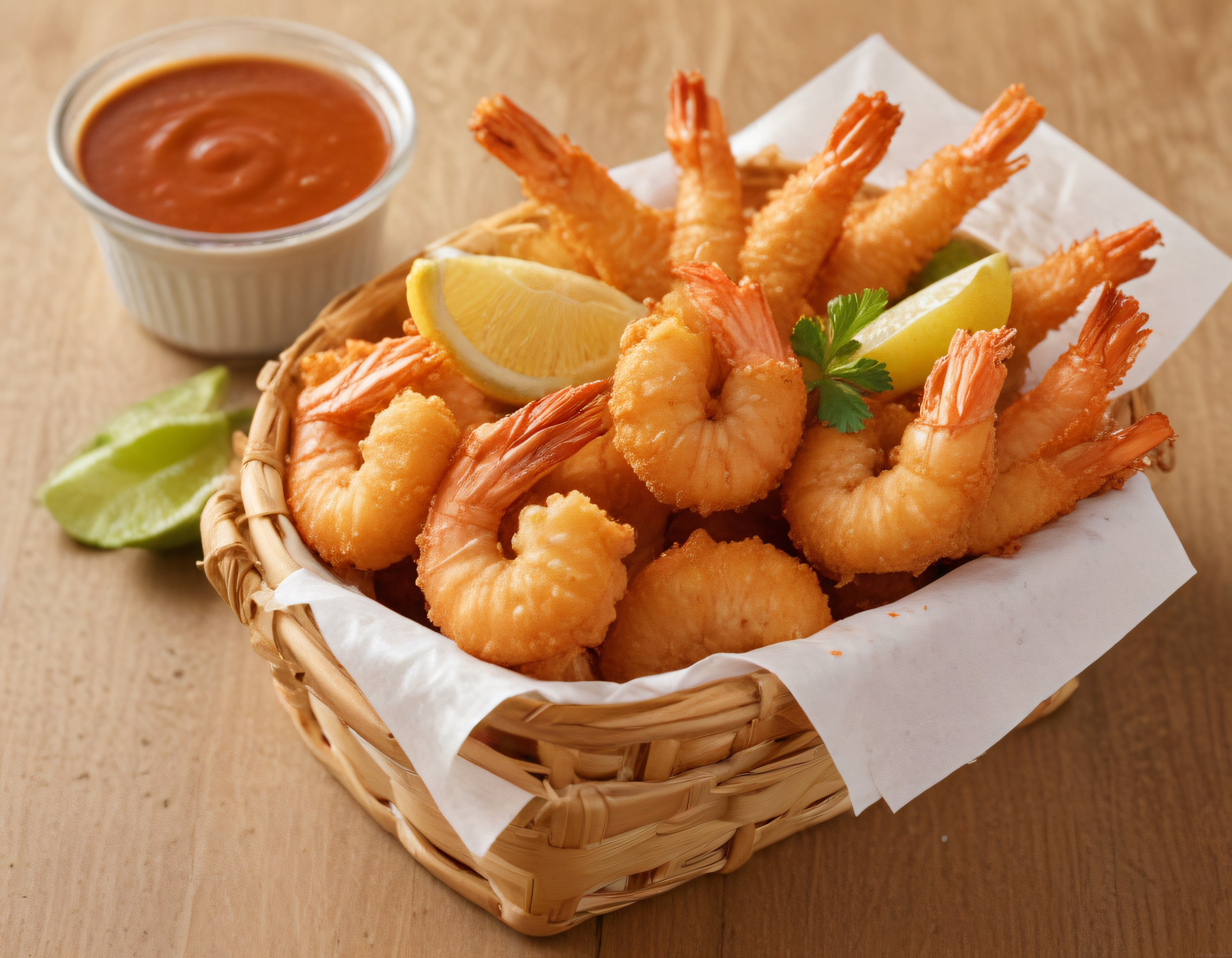 Çıtır kaplamalı karides tempura, limon ve sos ile bambu sepette sunum