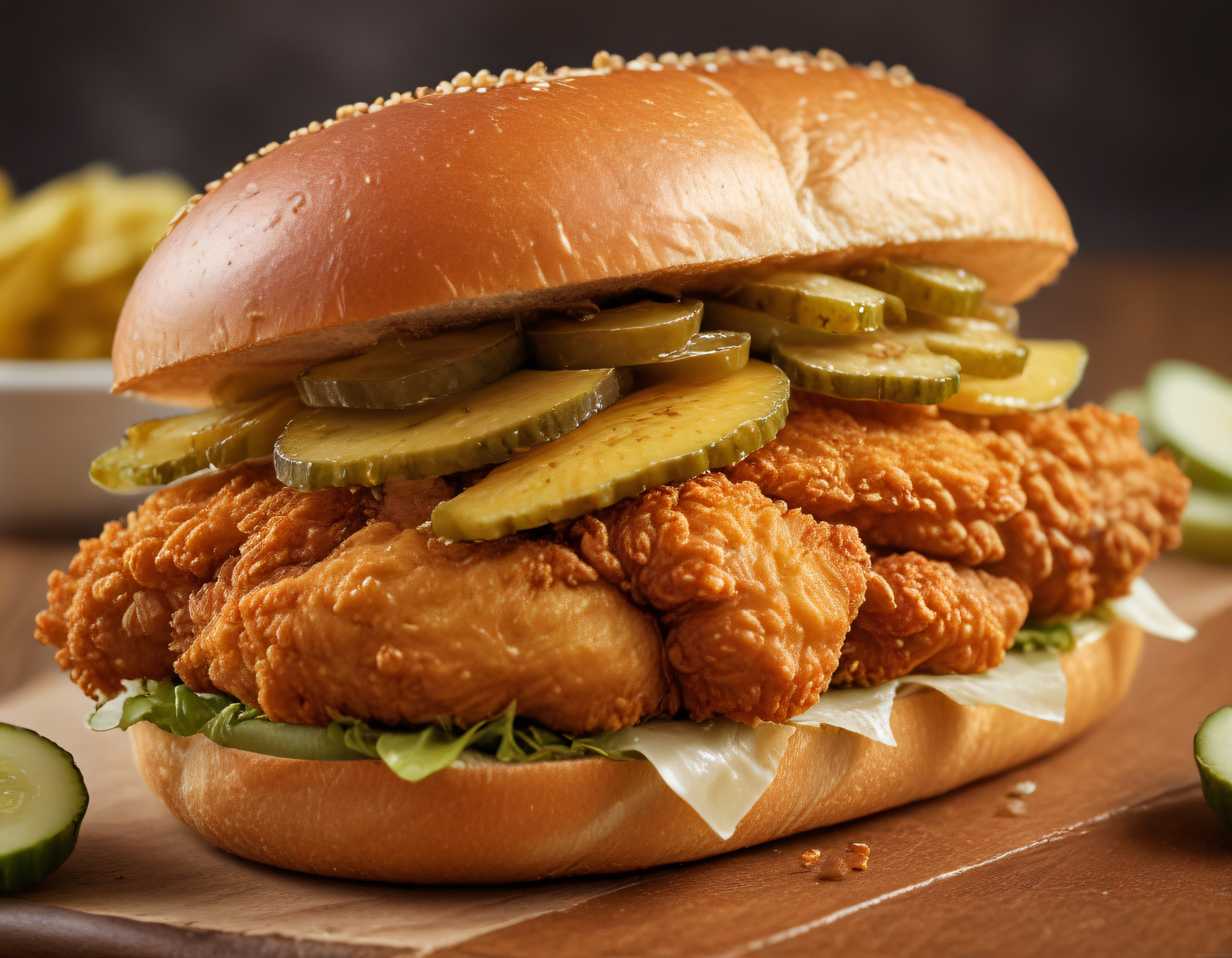 çıtır kızarmış tavuklu ve bol turşulu susamlı hamburger sunumu