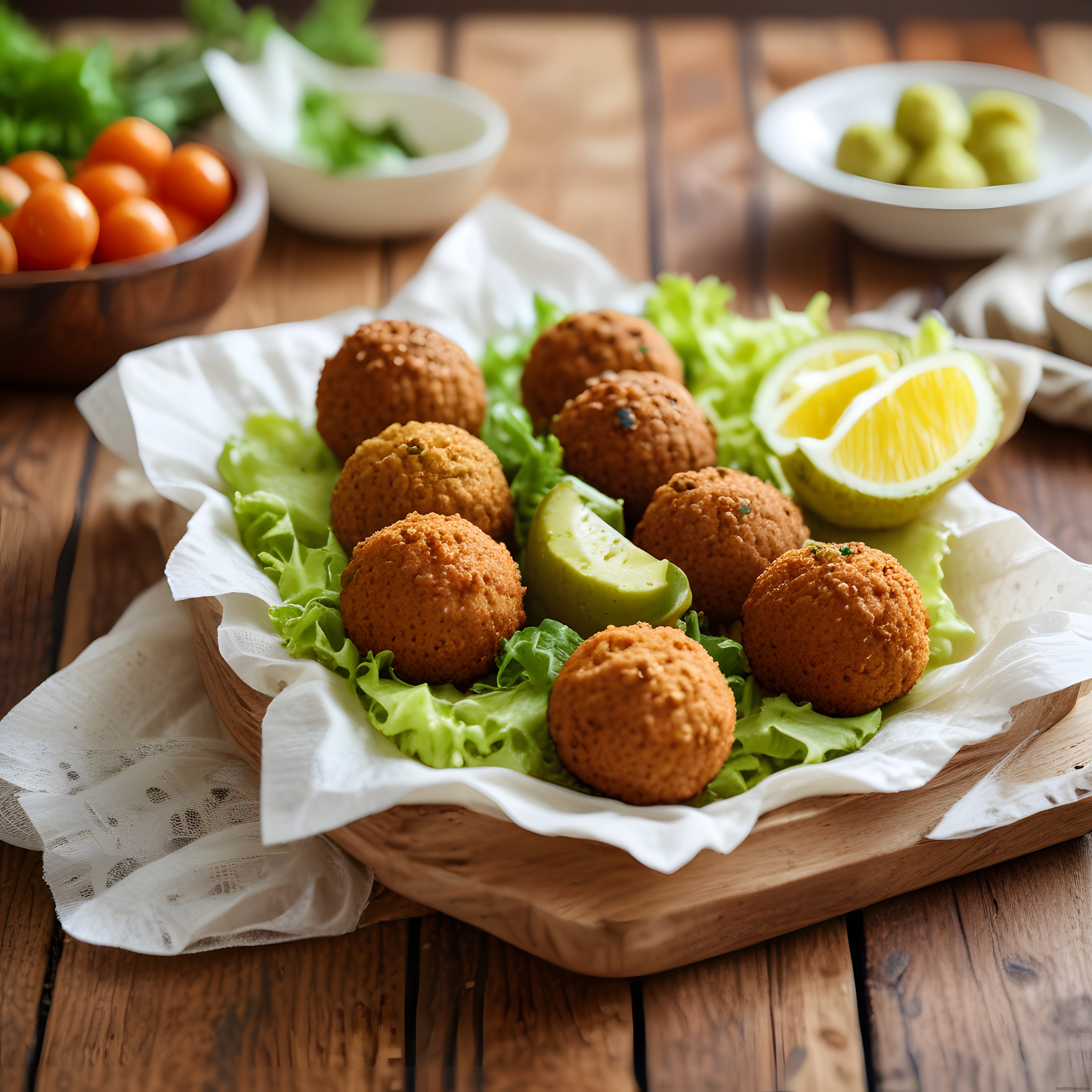 Çıtır kızartılmış falafel topları, avokado ve limon eşliğinde rustik sunum