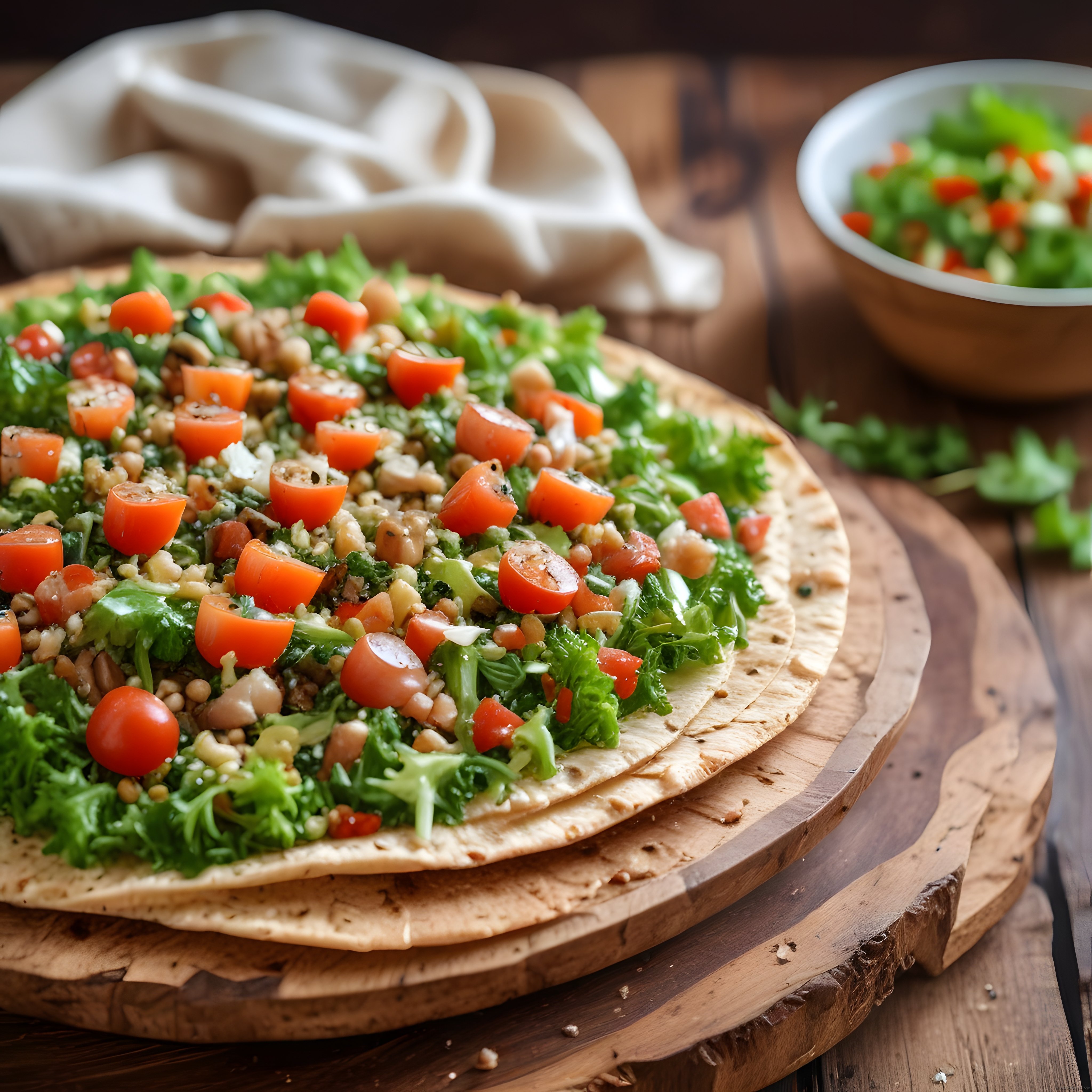 çıtır lavaş tabanı üzerine taze sebzeler ve bakliyatla bezeli sağlıklı flatbread