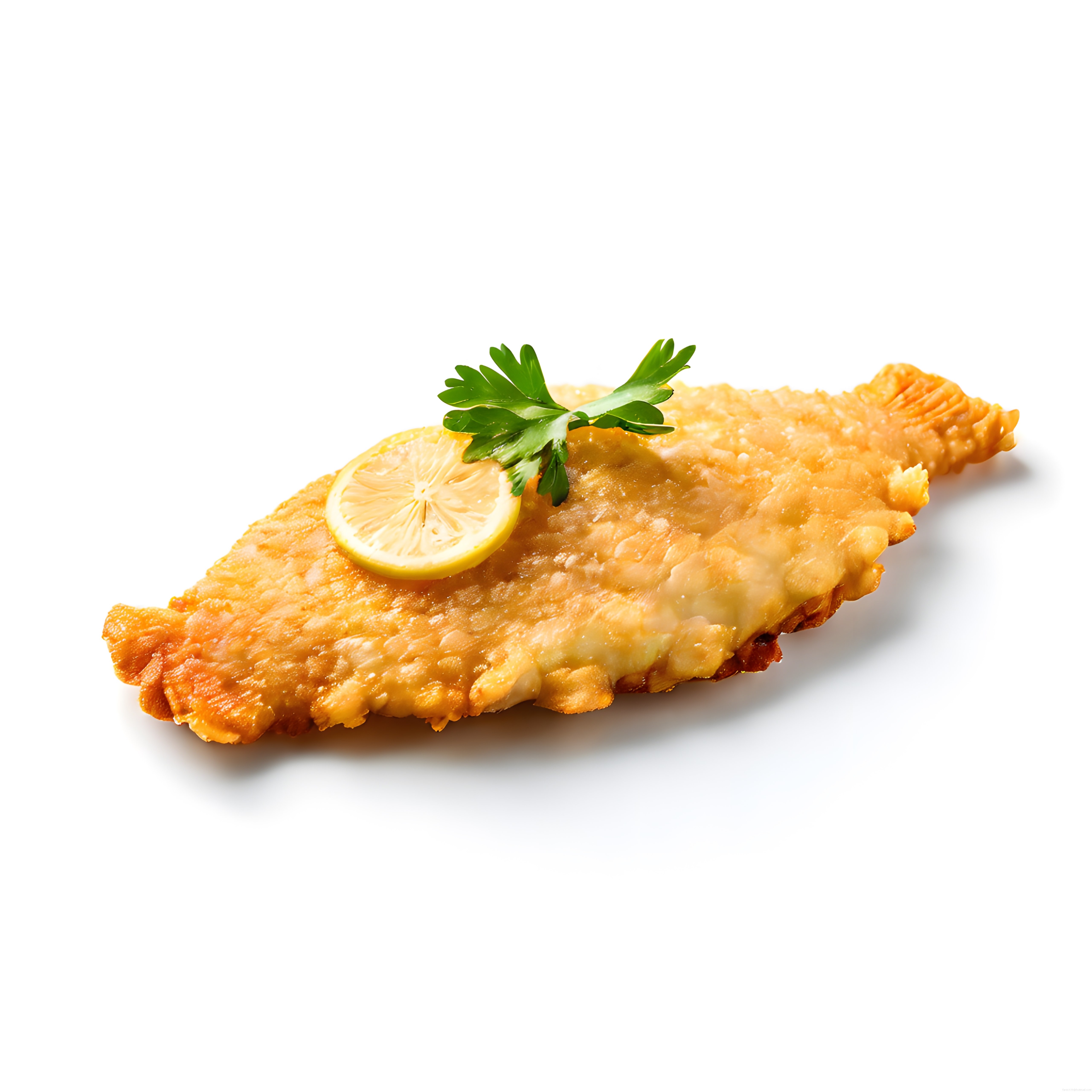 Çıtır Pane Kaplamalı Kızarmış Balık Fileto, Limon Dilimi ve Maydanoz Süslemesi