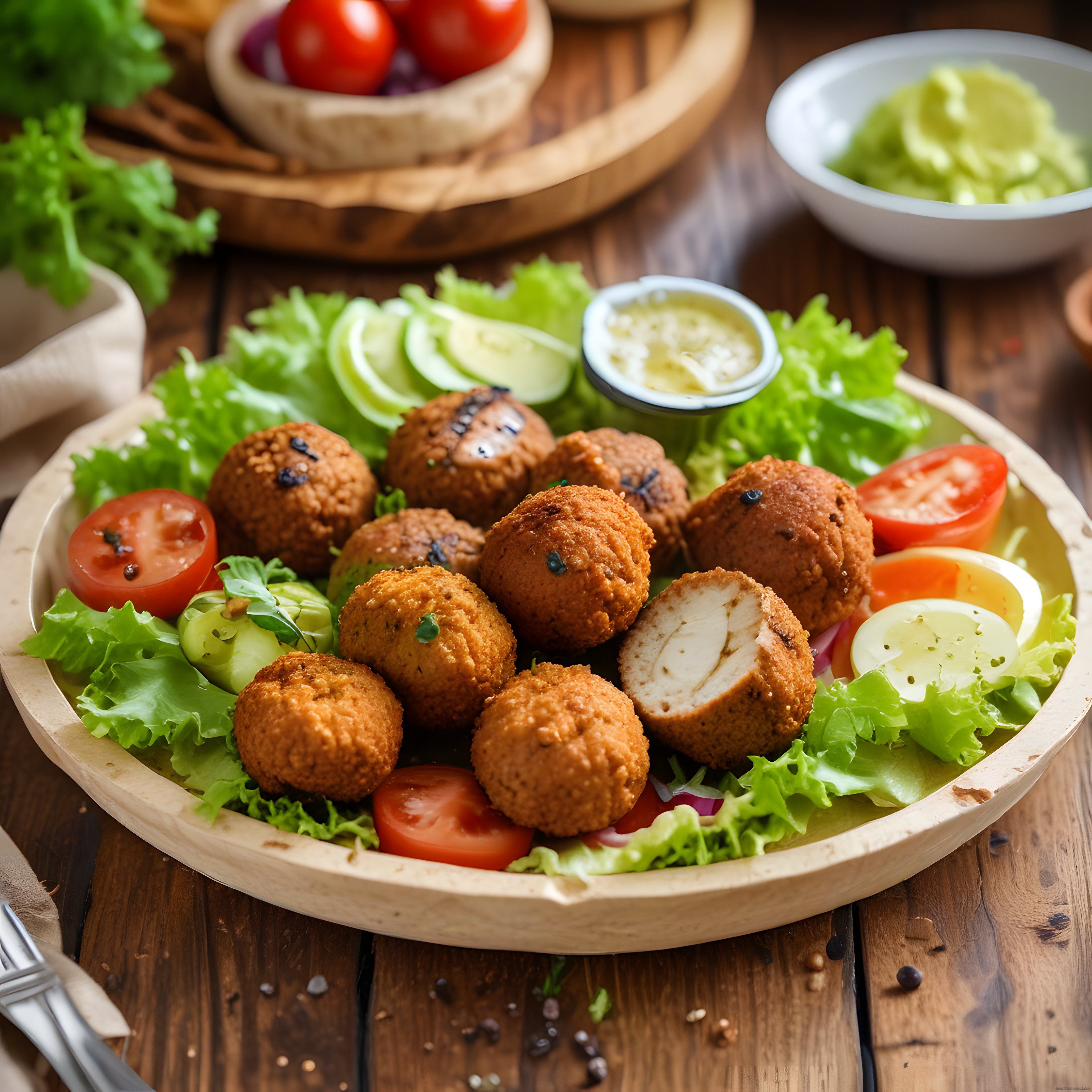 çıtır pane kaplı yumurta topları taze salata ve domatesle rustik sunum