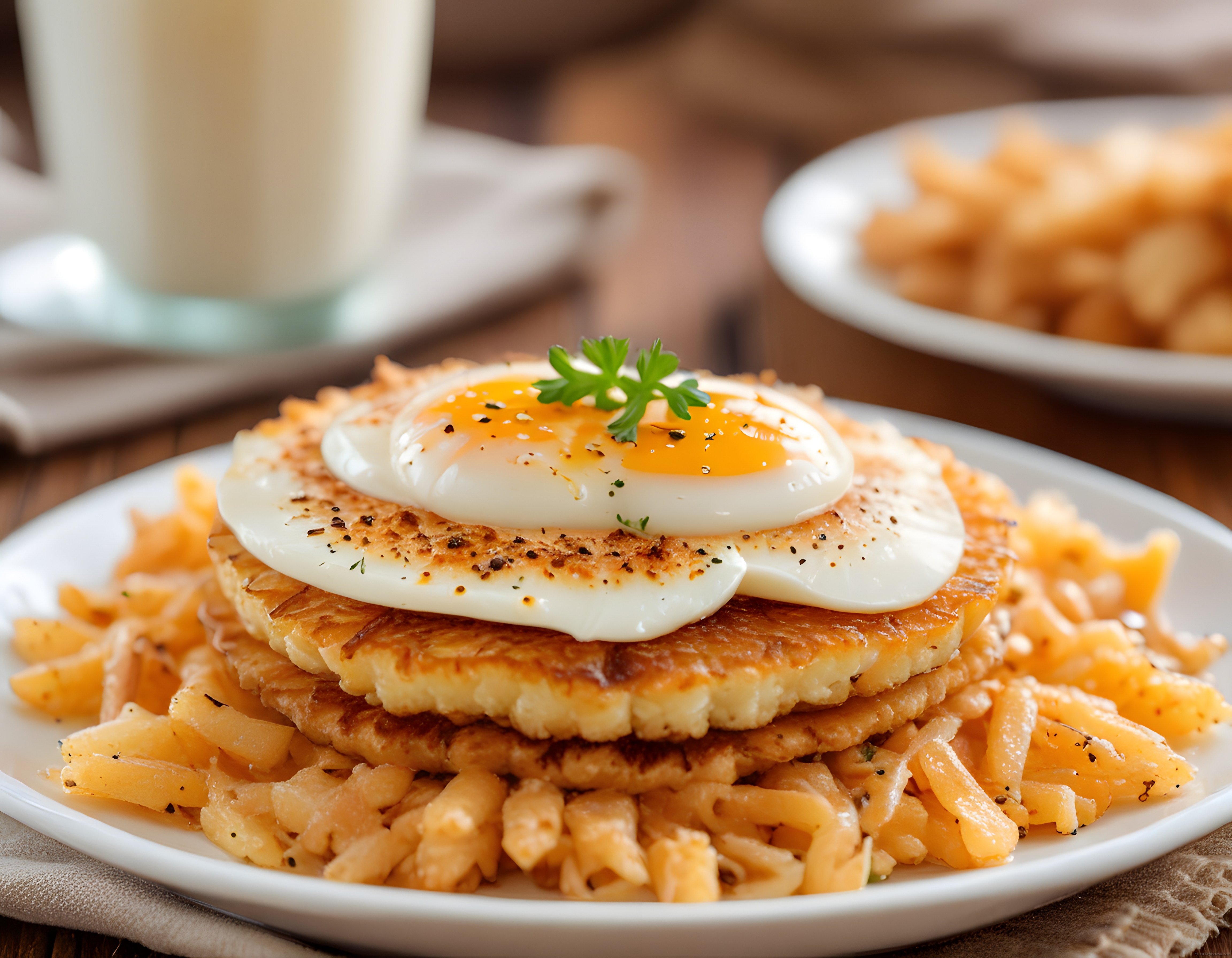 Çıtır Patates Rösti Üzerinde Baharatlı Yumurta ve Peynirli Kahvaltı Tabağı