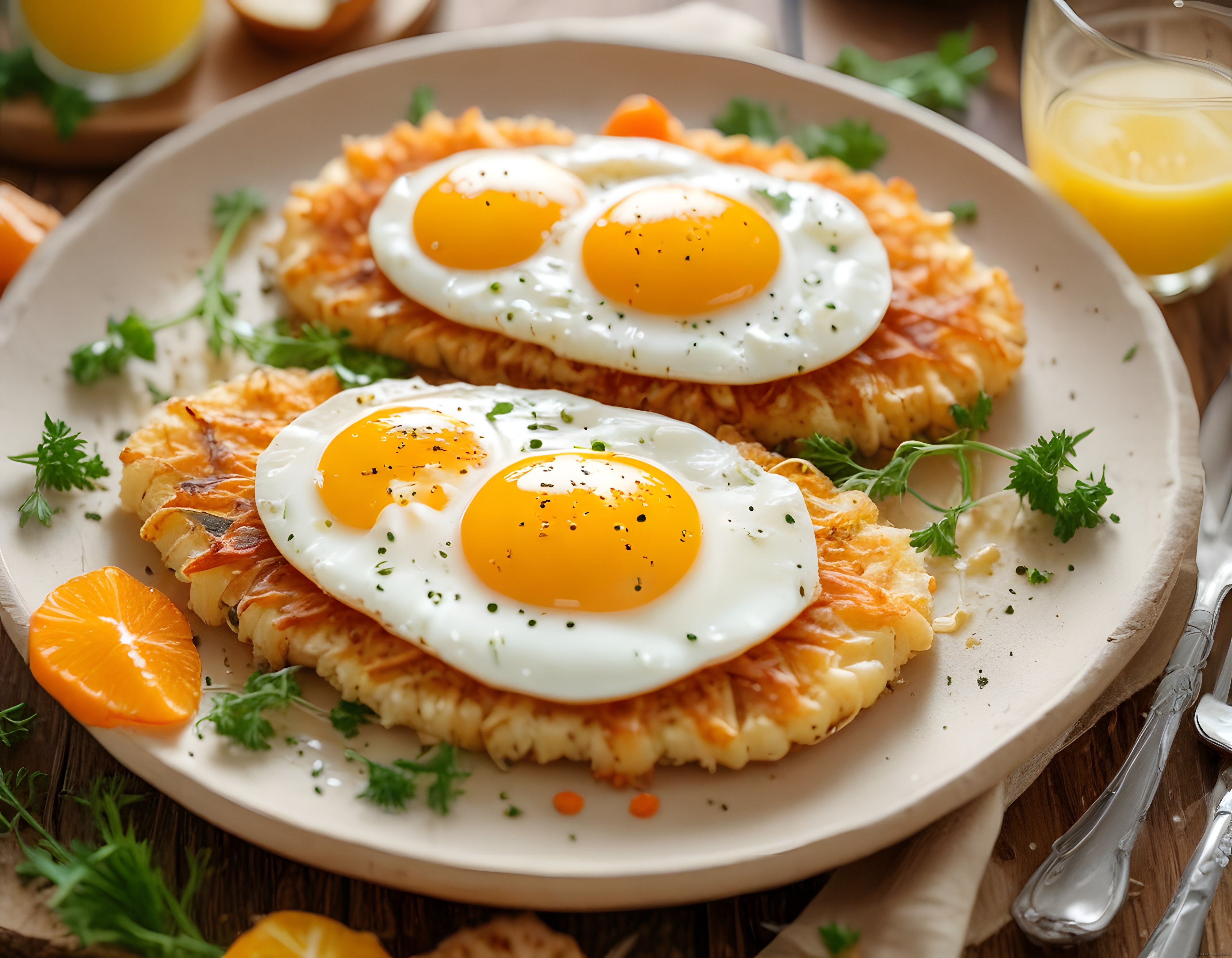 Çıtır Patates Tostu Üzerinde Güneşte Yumurta ve Portakal Suyu ile Kahvaltı
