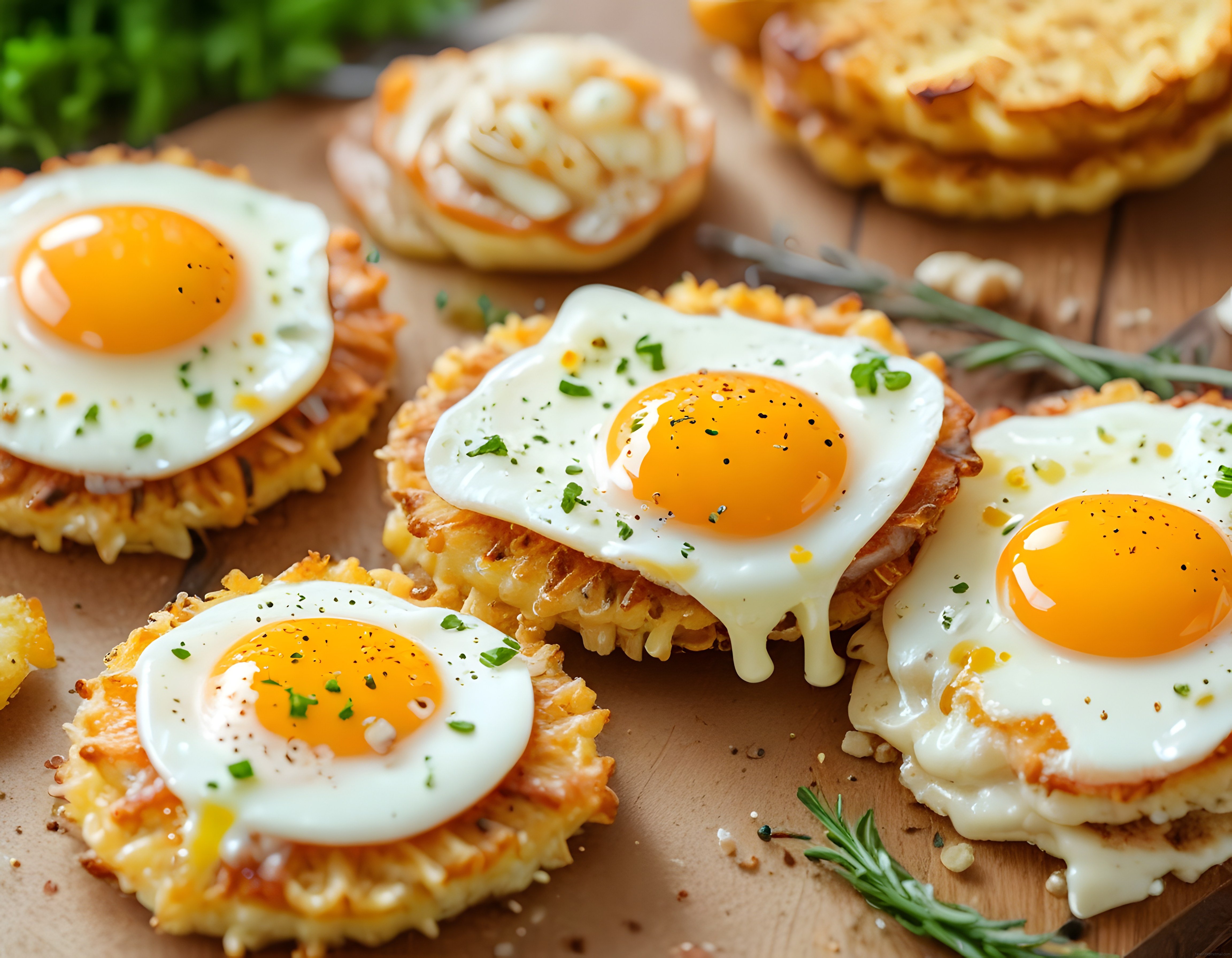 Çıtır patates tostu üzerinde tereyağlı güneşte kızarmış yumurta kahvaltısı