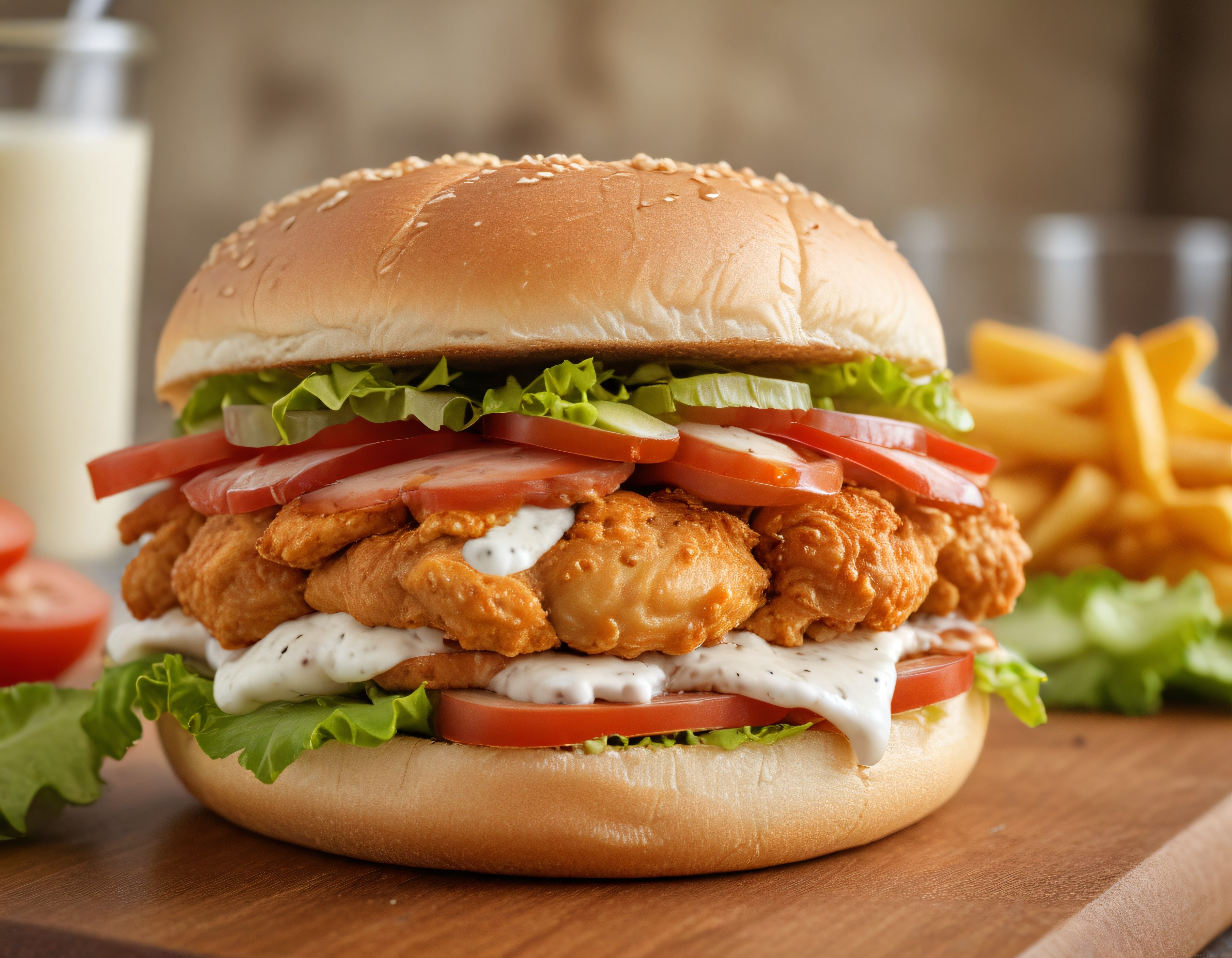 Çıtır Tavuk Burger: Susamlı Ekmek, Taze Sebzeler ve Patates Kızartmasıyla