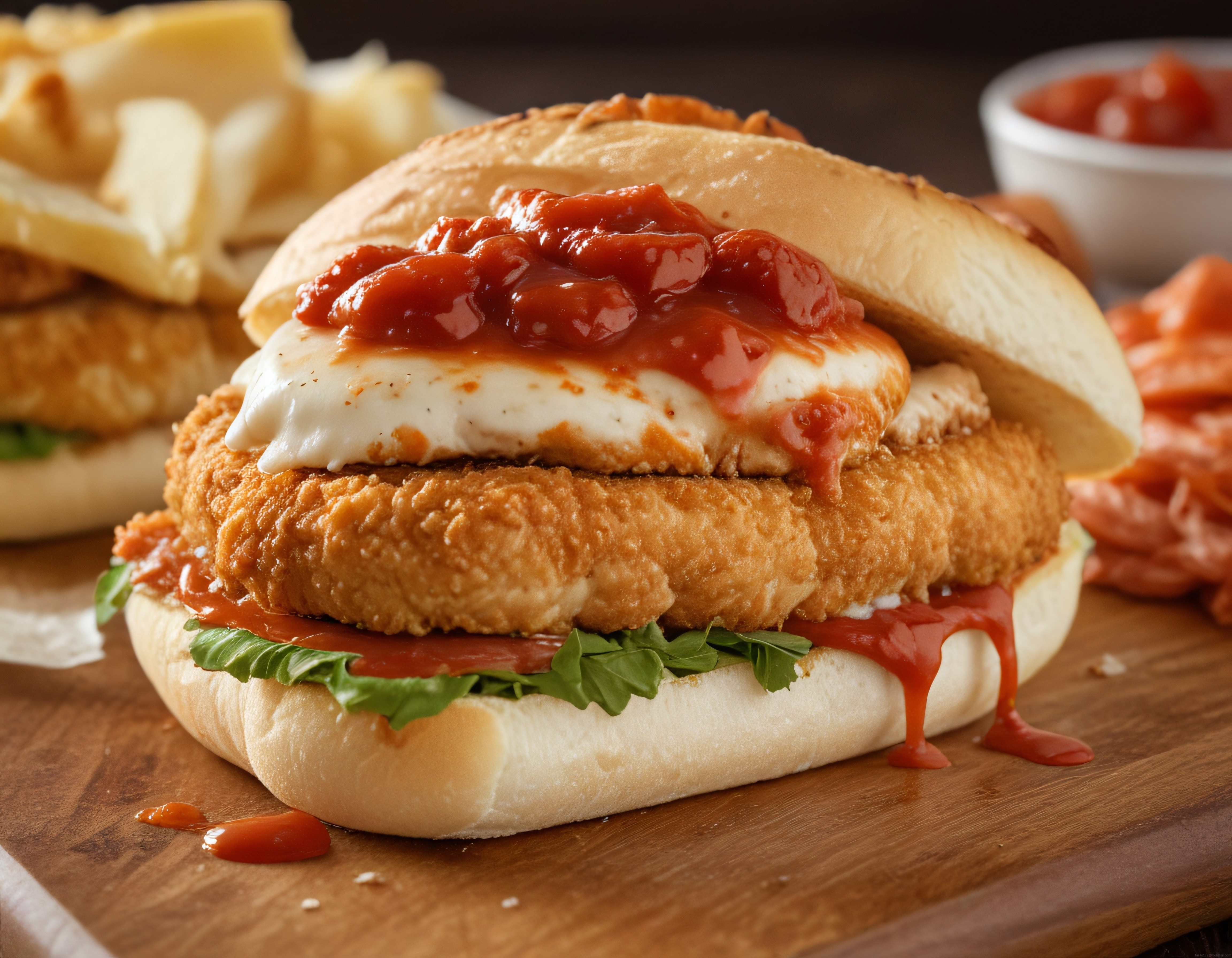 Çıtır Tavuklu Burger, Peynir ve Patates Kızartması ile Lokanta Sunumu