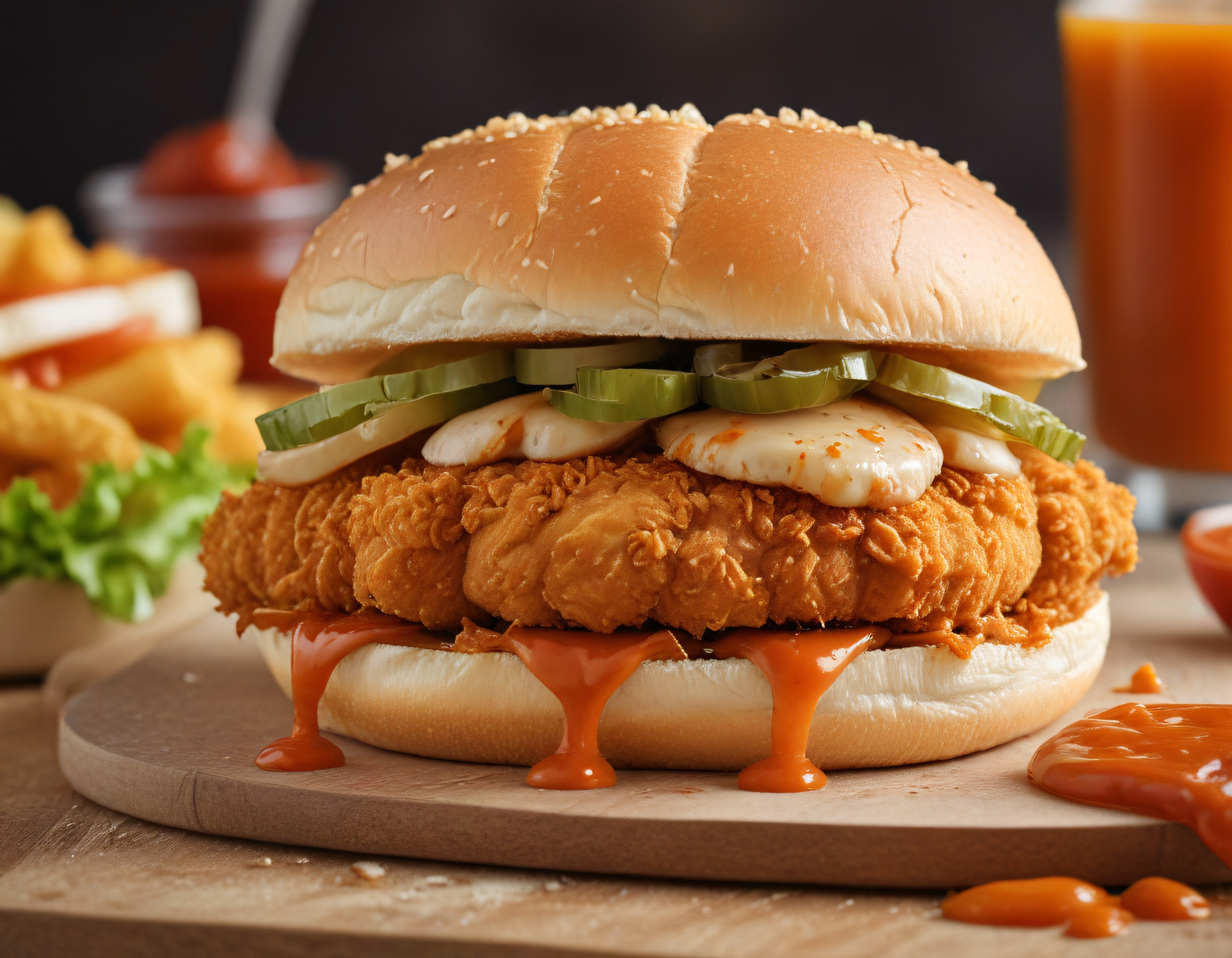 Çıtır Tavuklu Burger, Turşu ve Akışkan Sos ile Nefis Fast Food Sunumu