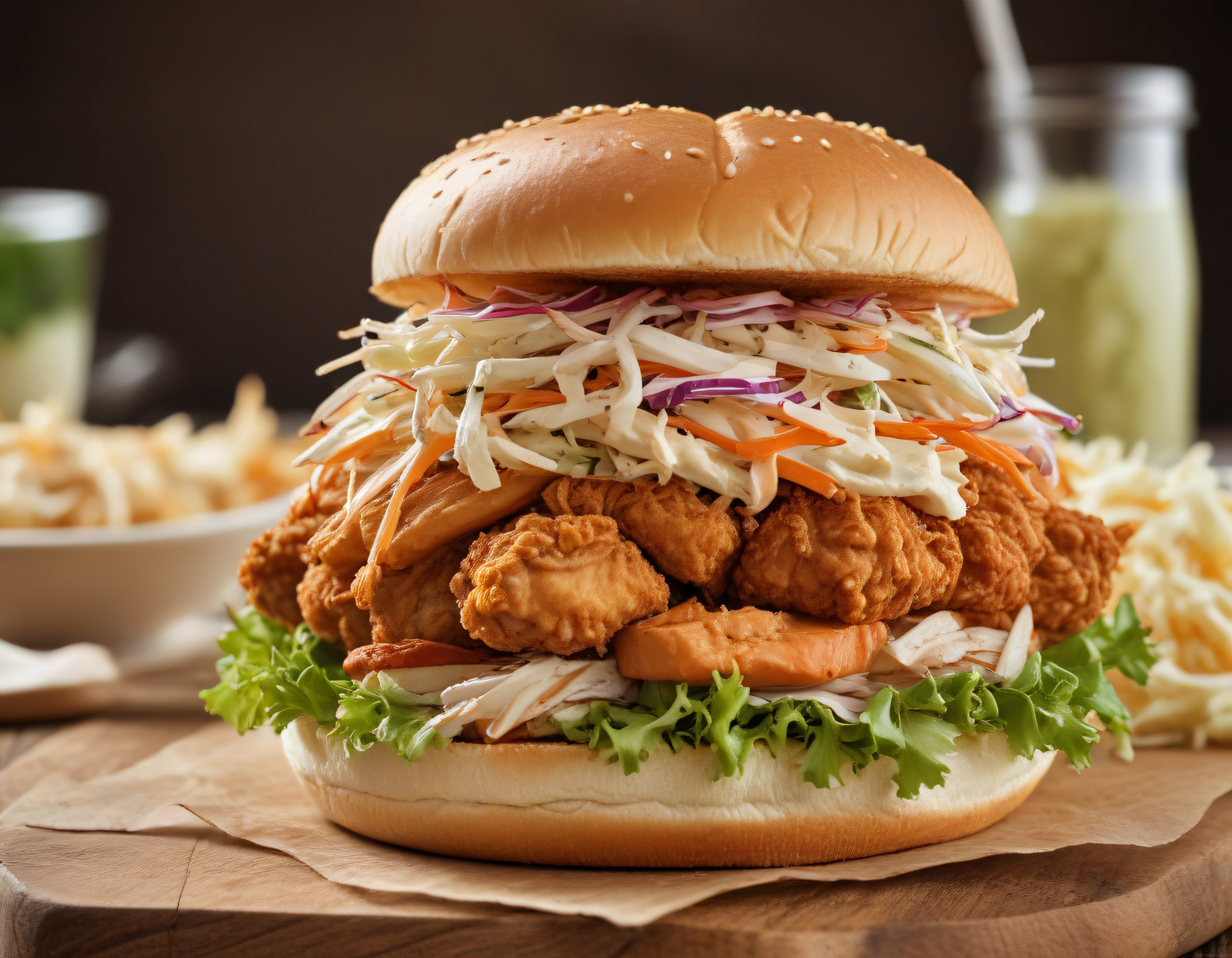 çıtır tavuklu burger ve coleslaw ile restaurant tarzı nefis sandviç sunumu
