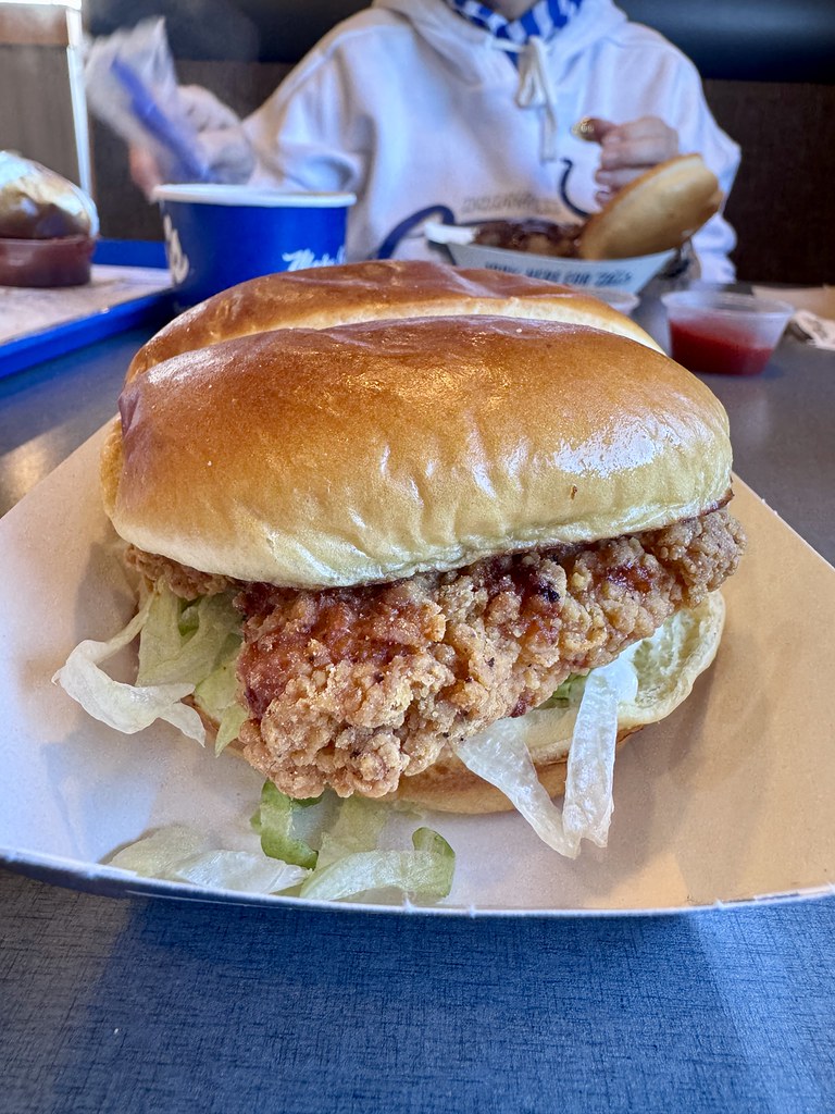 Çıtır tavuklu burgerin parlak brioche ekmeğiyle sunulduğu lezzetli fast food anı
