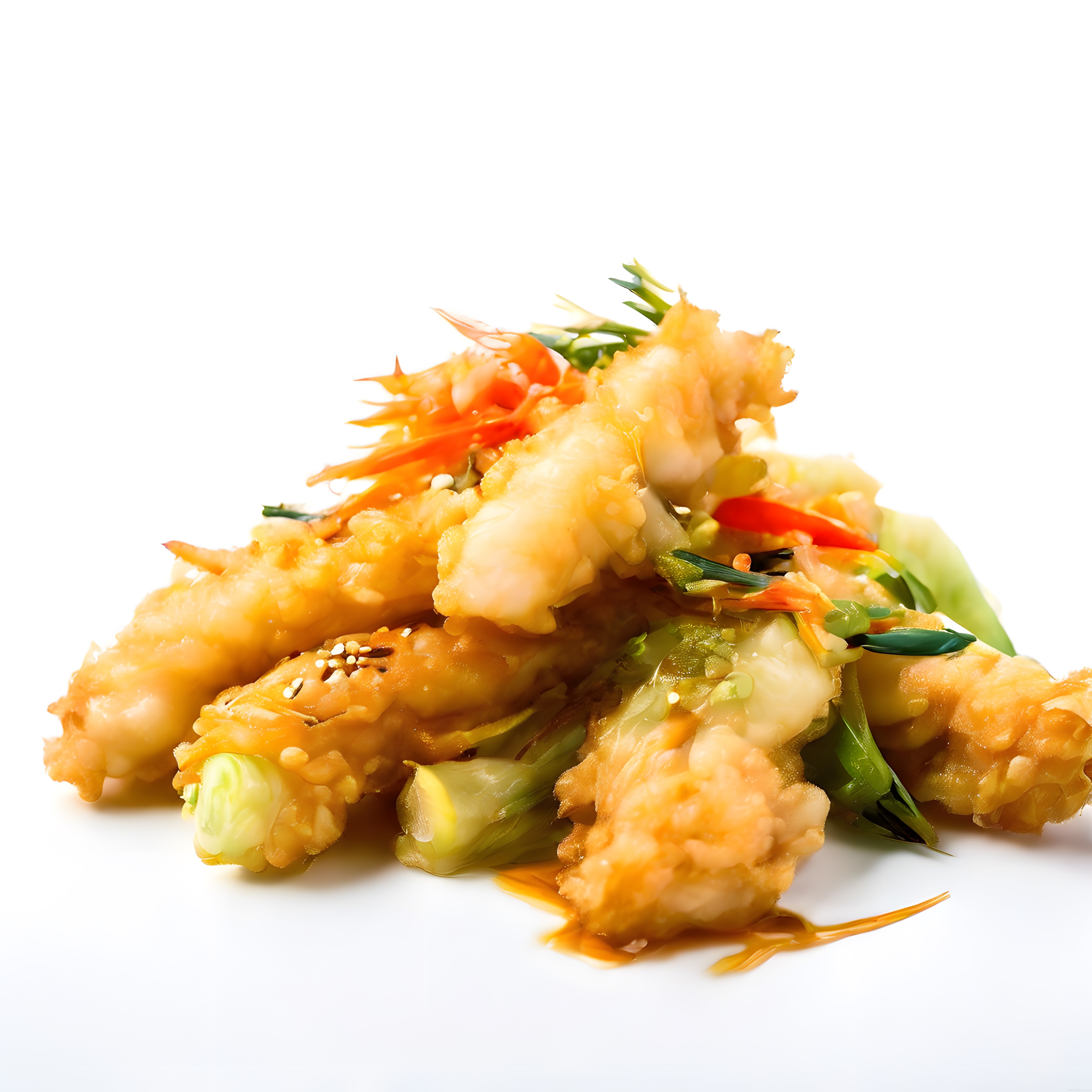 Çıtır Tempura Karides ve Taze Sebzelerle Süslenmiş Asya Usulü Şık Yemek Sunumu