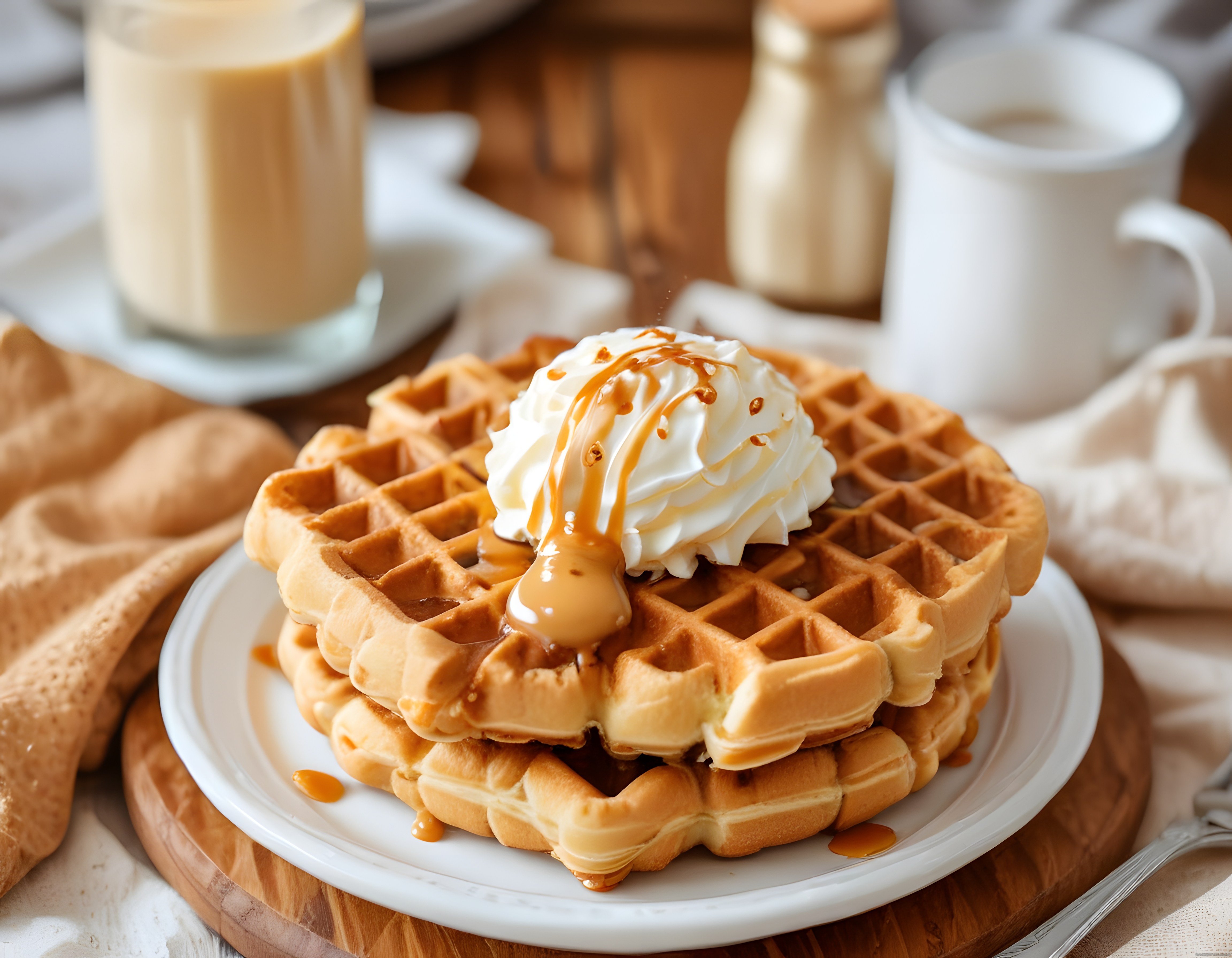 Çıtır Waffle Üzerinde Erimiş Karamel ve Bol Köpük Kremanın Muhteşem Sunumu