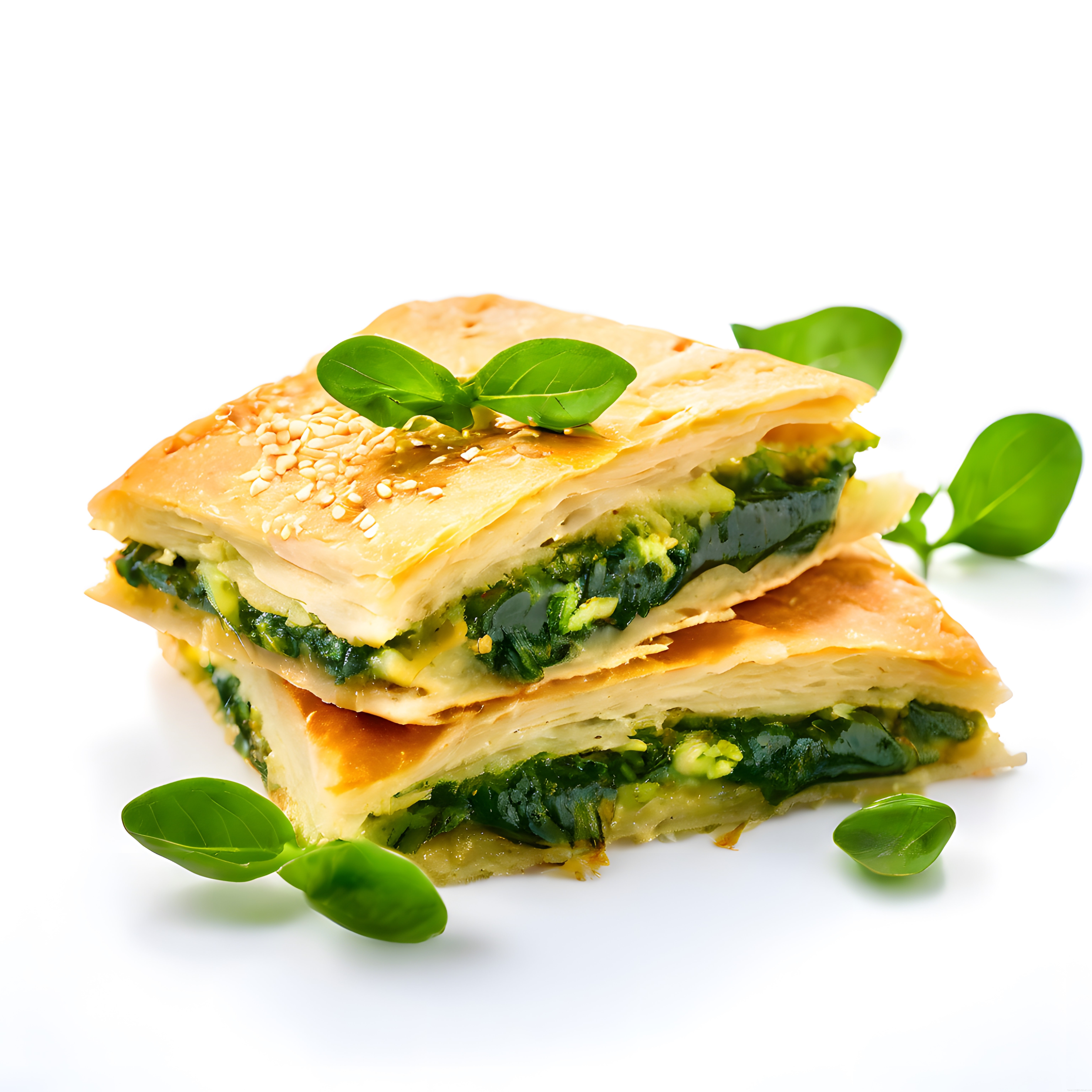 Çıtır yufkalar arası ıspanaklı nefis börek üzerinde susam ve fesleğen yaprakları