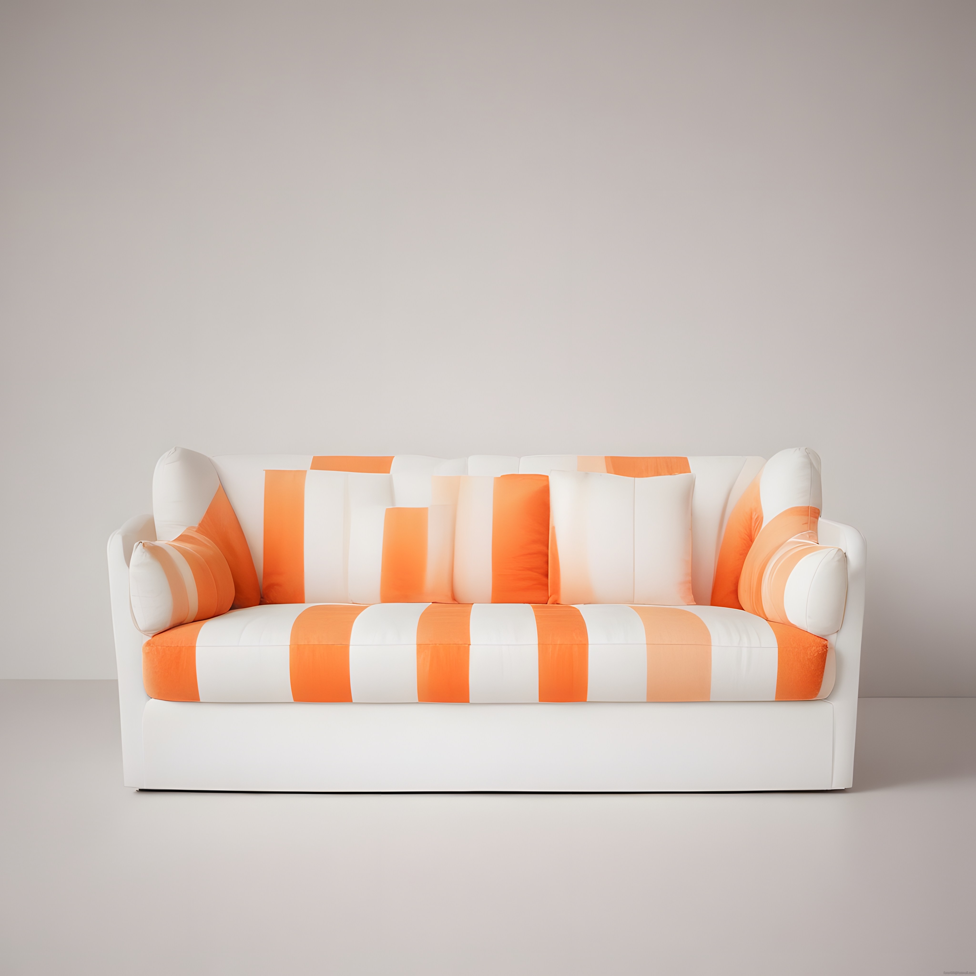 Çizgili turuncu beyaz modern kanepe ve minimalist iç mekan dekorasyonu