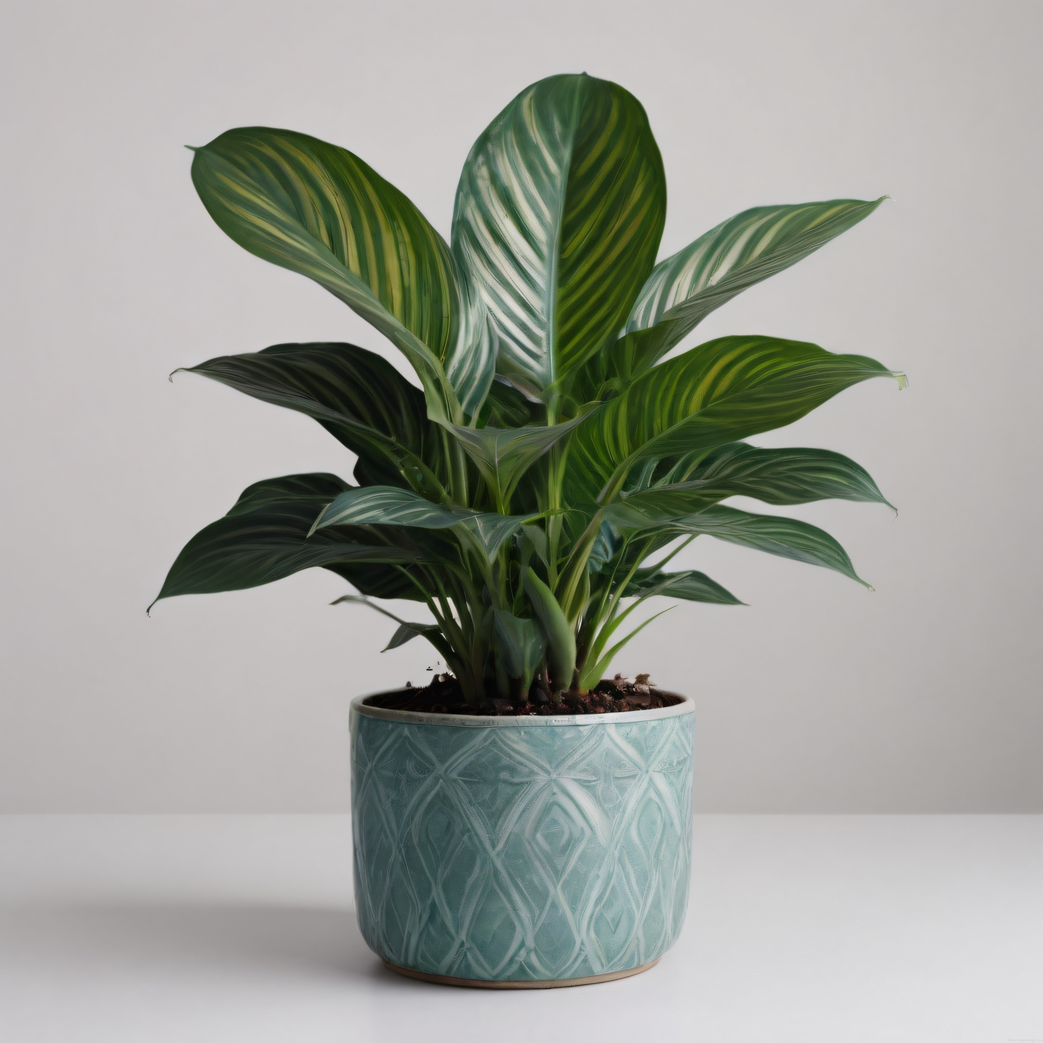 Çizgili yapraklı calathea bitkisi ve geometrik desenli mavi saksıda ev dekorasyonu