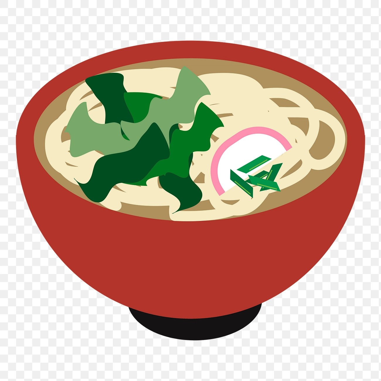 Çizim Stili Kırmızı Kasede Geleneksel Japon Ramen Çorbası ve Yeşil Yosun Süslemesi