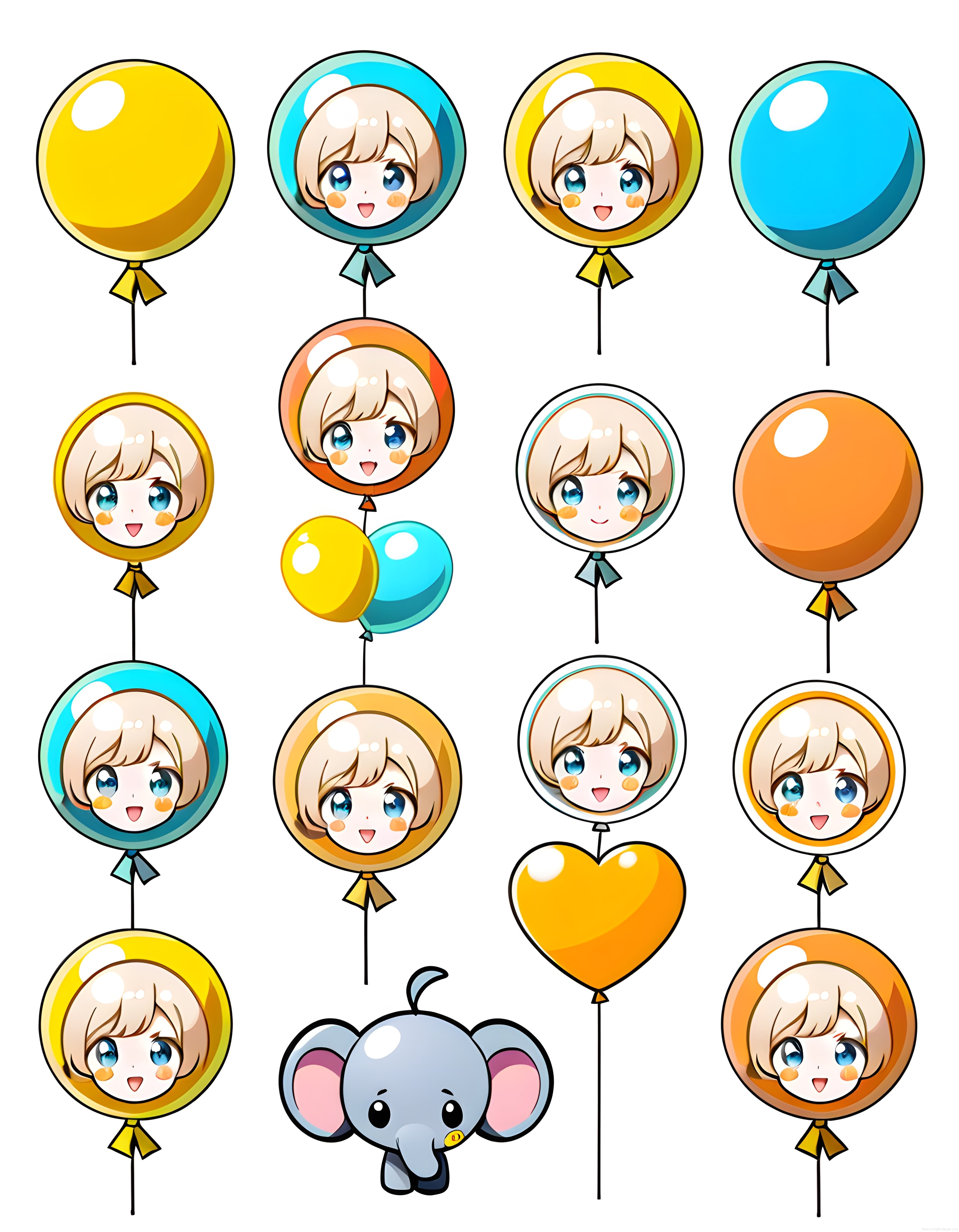 Çocukları Sevindirecek Anime Yüzlü Renkli Balonlar ve Tatlı Fil Figürü