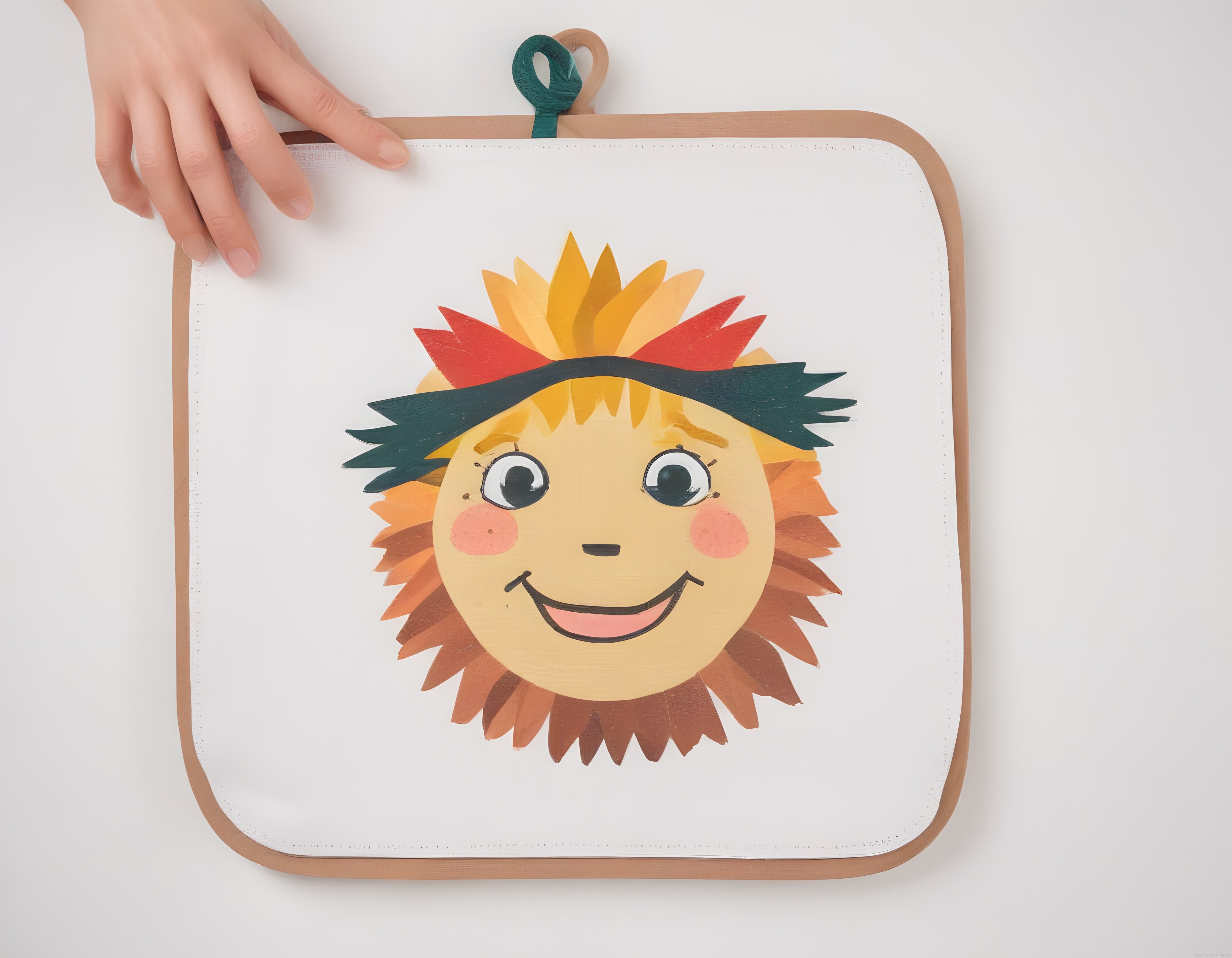 Çocukların kağıt ve yapraklarla yaptığı neşeli aslan figürü sanat etkinliği