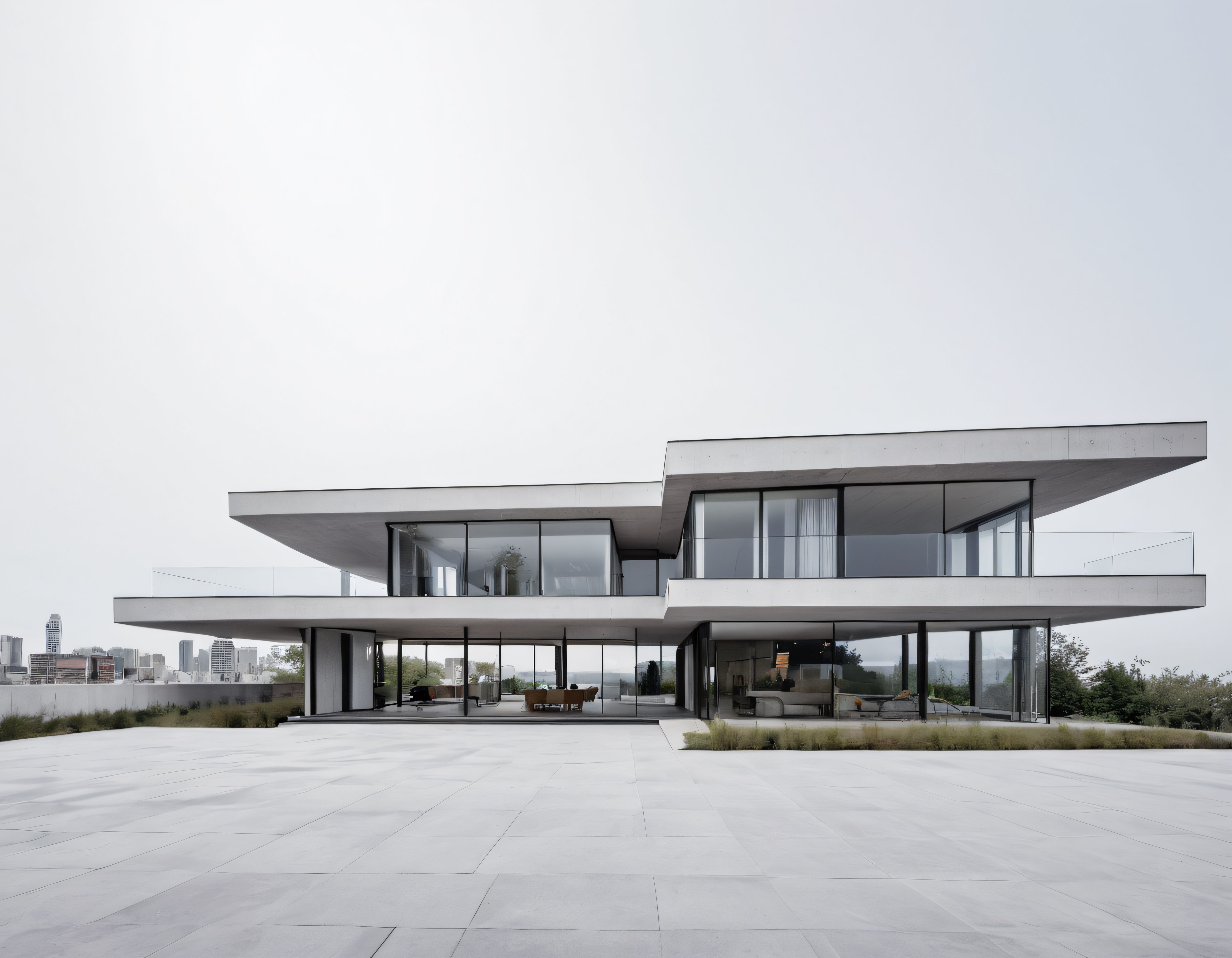 Çok Katlı Beton ve Cam Villa: Minimalist Mimari ve Şehir Manzarası