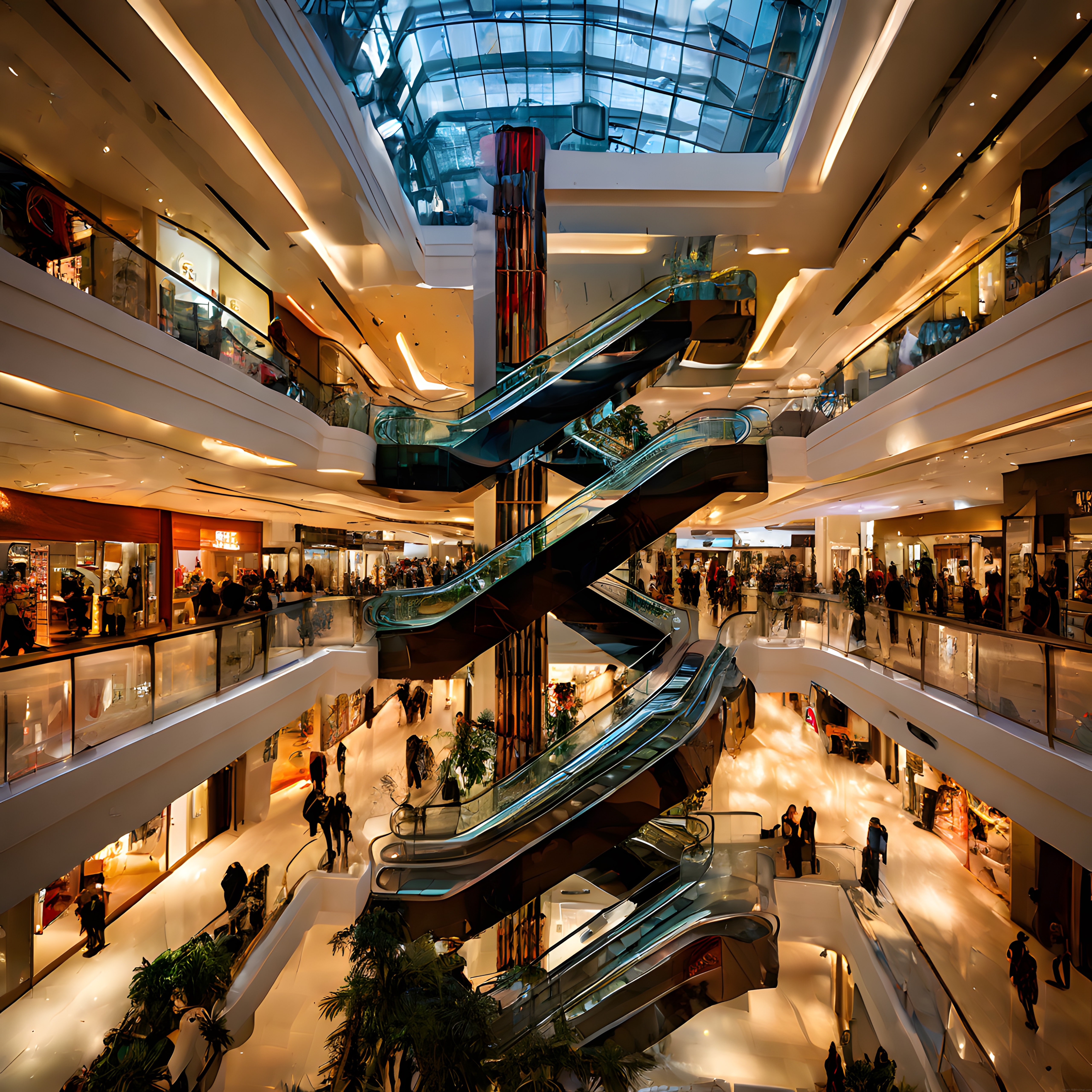Çok Katlı Modern Alışveriş Merkezi İçi ve Işıklı Yürüyen Merdivenler