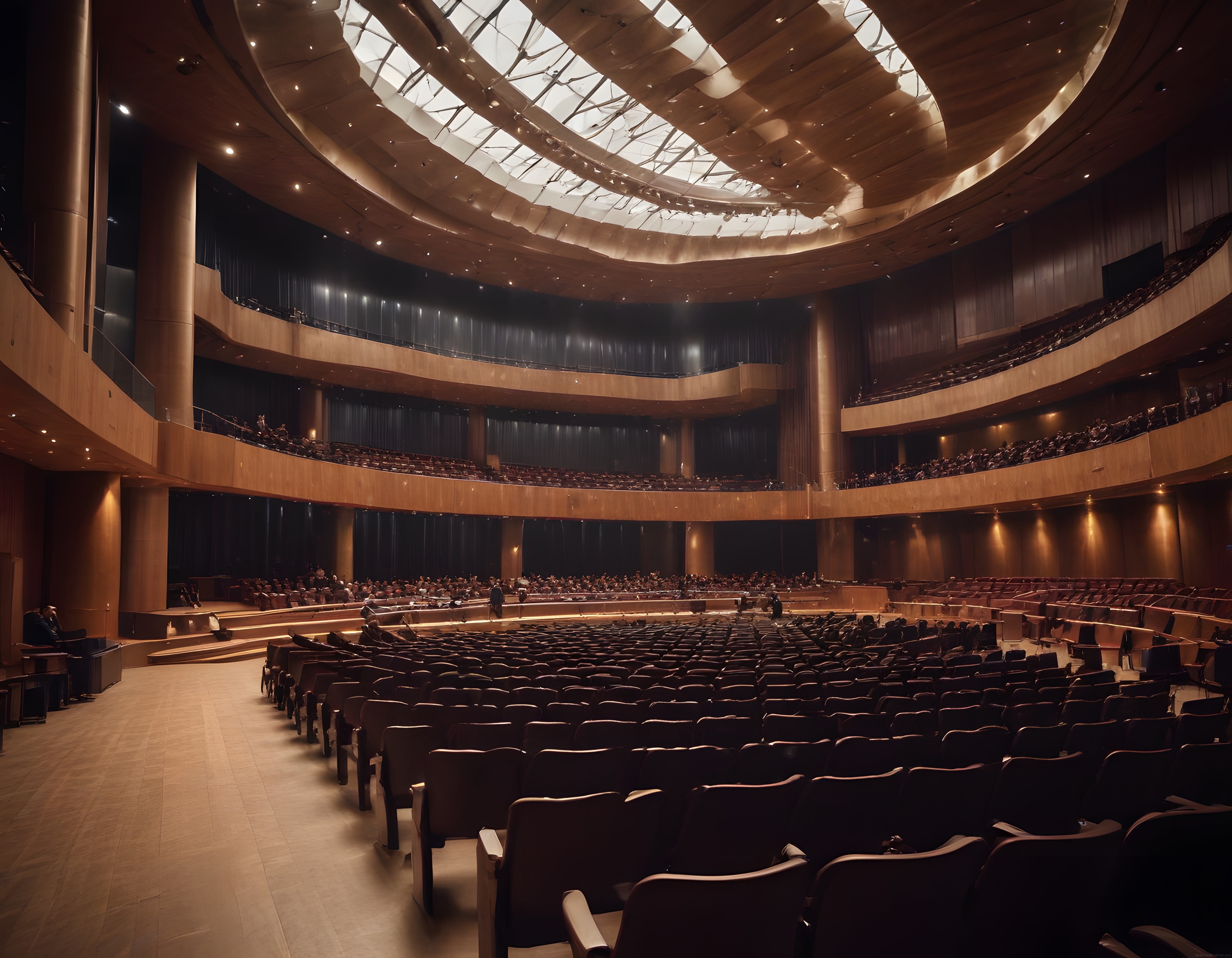 Çok katlı modern konser salonunun içinden etkileyici mimari atmosfer
