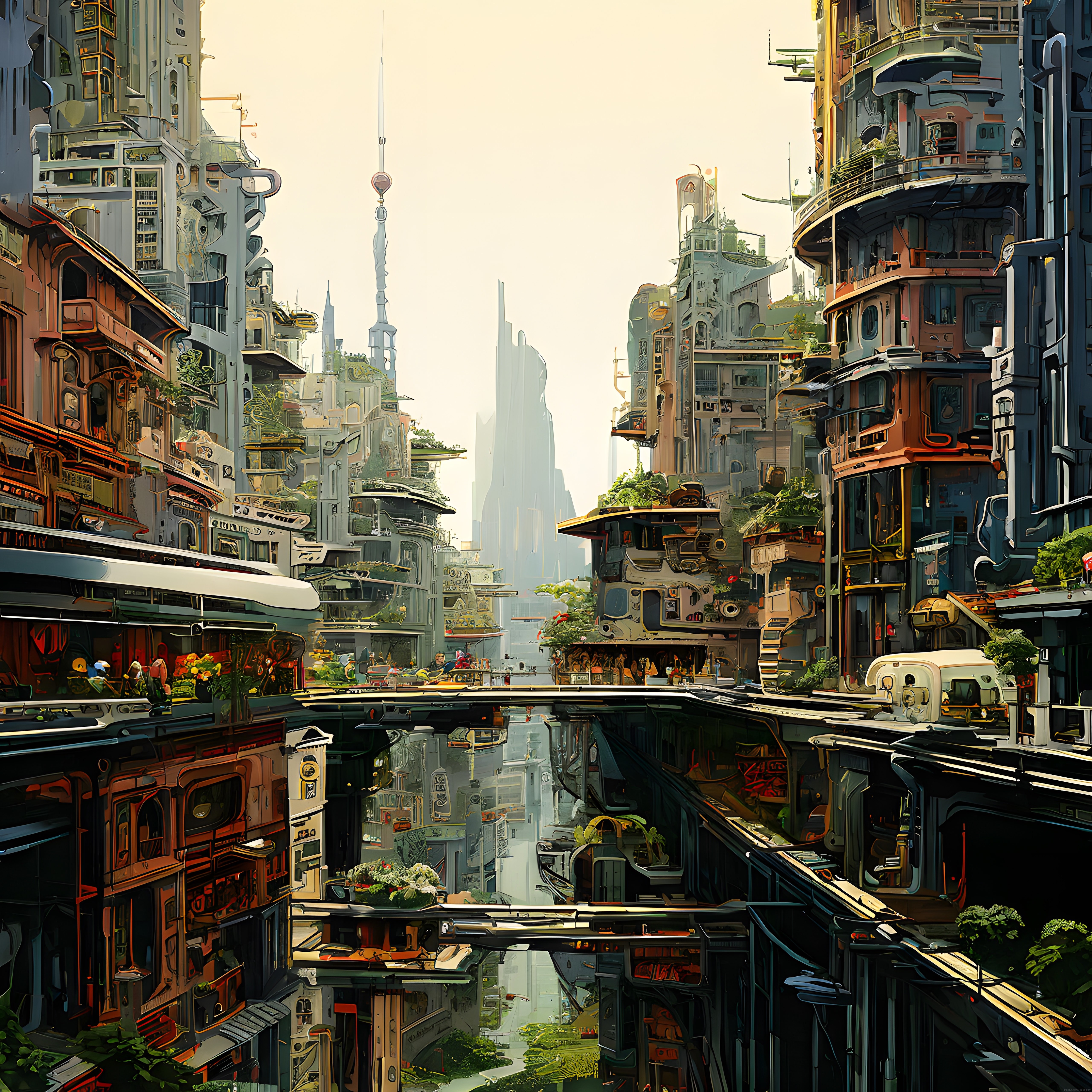 Çok katmanlı cyberpunk şehir manzarası: organik ve teknolojik yapıların dansı