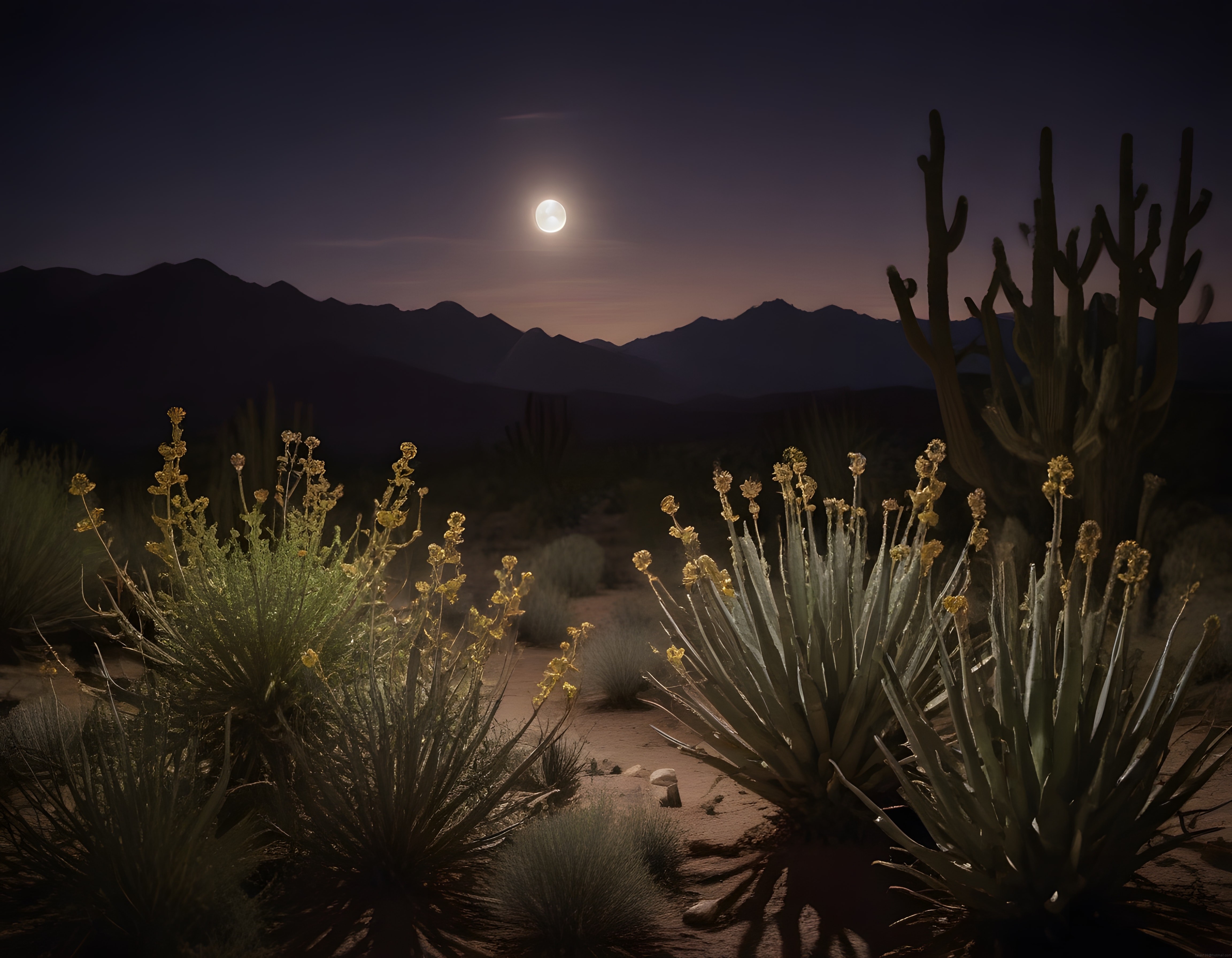 Çöl Gecesinde Parlayan Dolunay ve Saguaro Kaktüslerinin Büyüleyici Dansı
