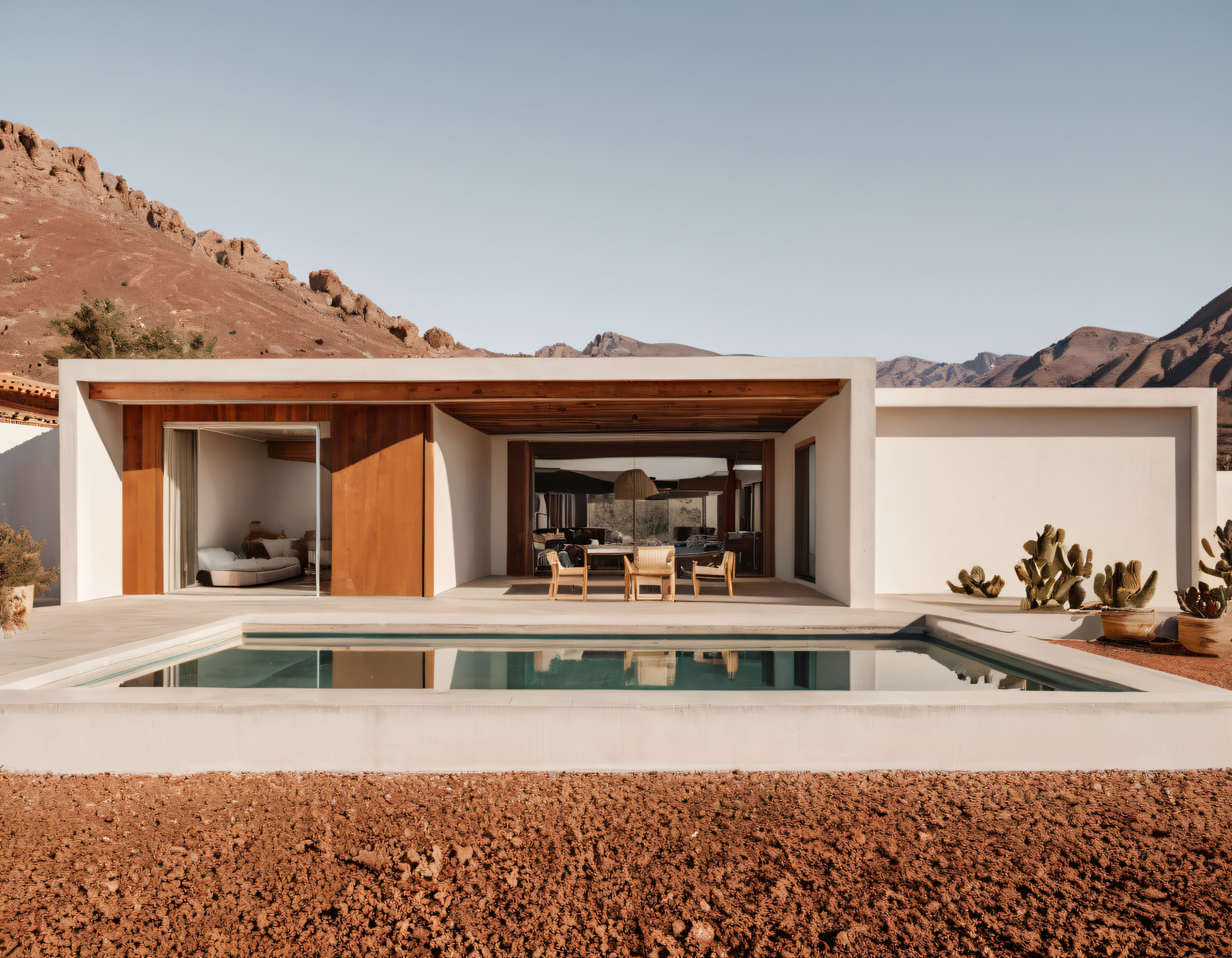 Çöl Kenarında Ahşap Detaylı Modern Villa ve Yansımalı Havuz Manzarası