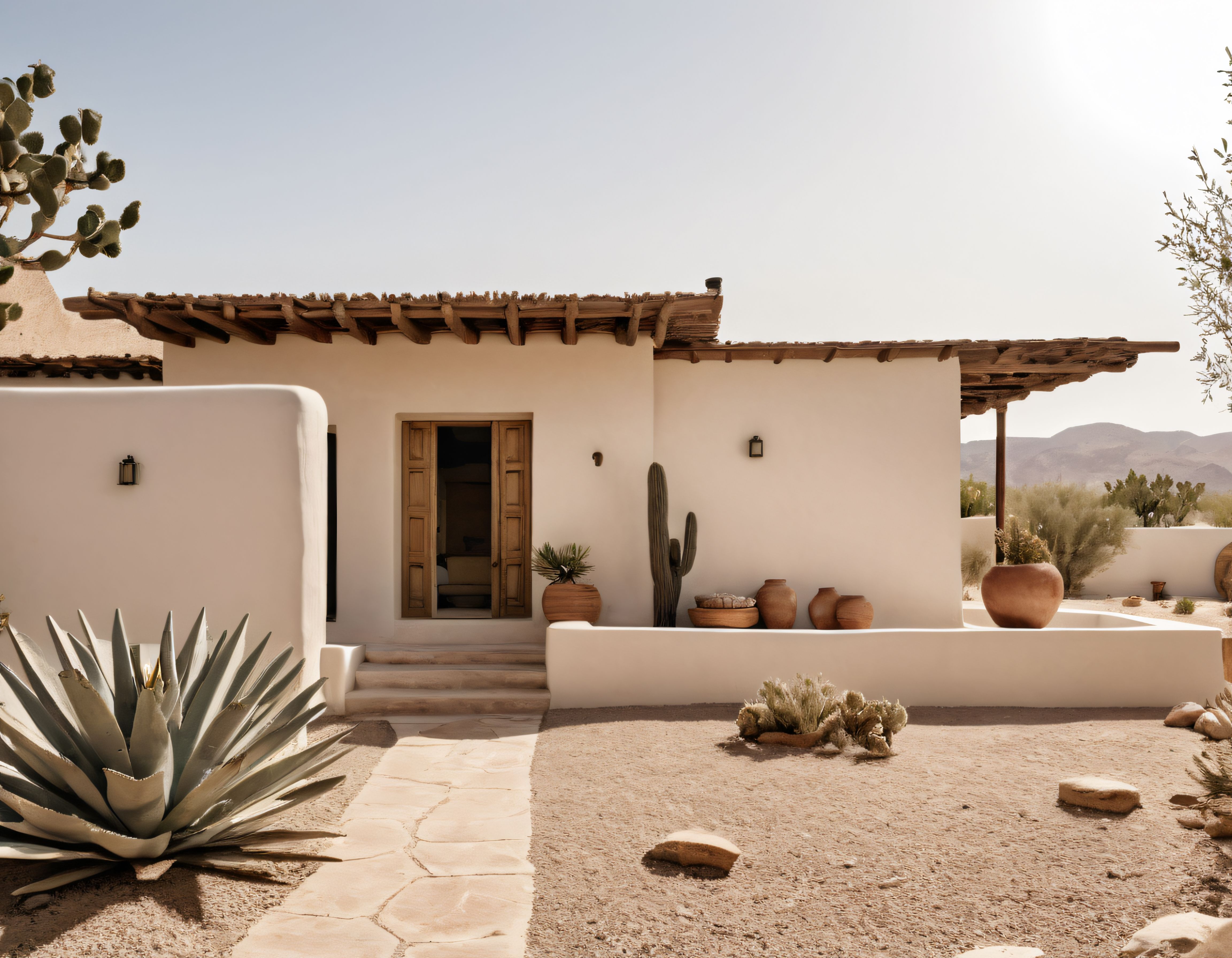 Çöl Manzaralı Beyaz Adobe Ev ve Agave Bahçesi: Minimal Doğal Yaşam