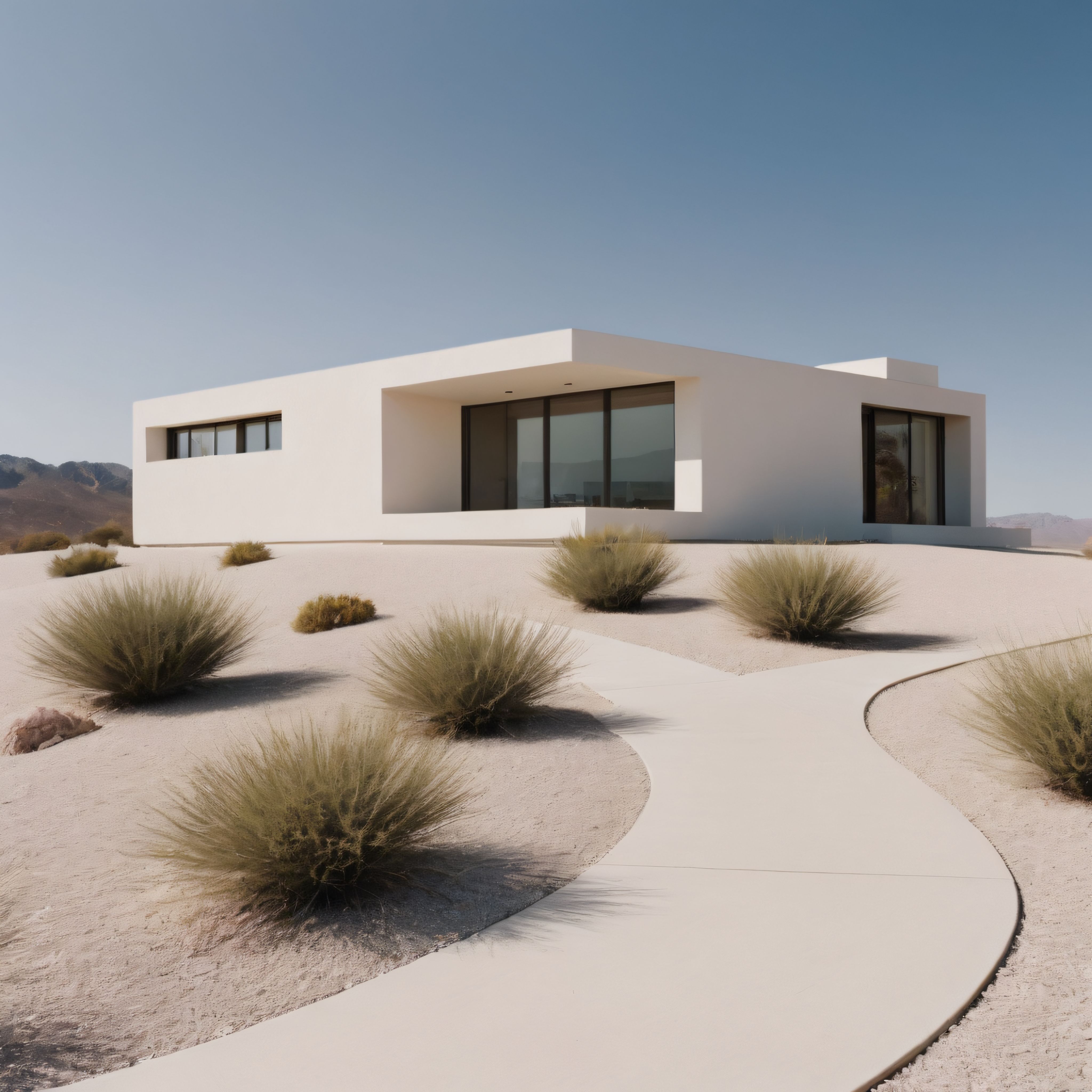 Çöl manzaralı beyaz yüzeyleriyle öne çıkan modern minimalist villa tasarımı