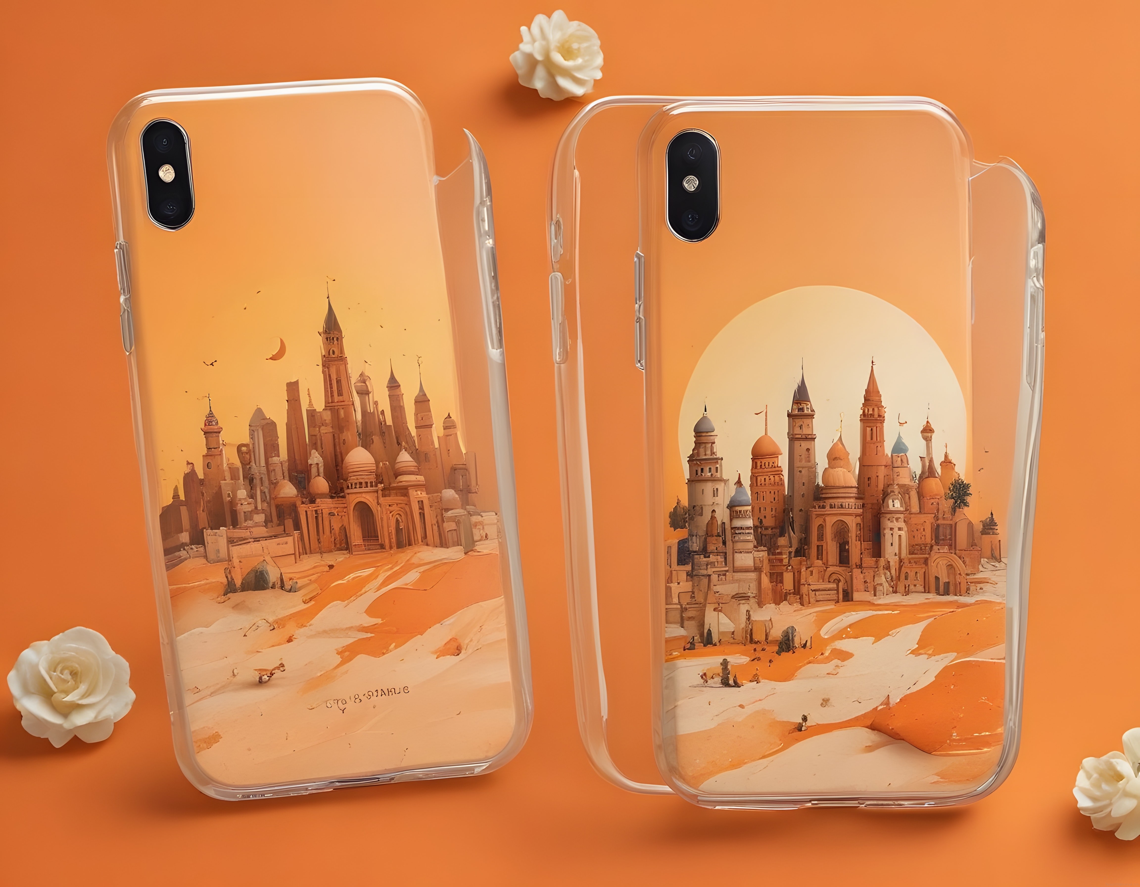 Çöl manzaralı fantastik şehir desenli şeffaf telefon kılıfı tasarımı