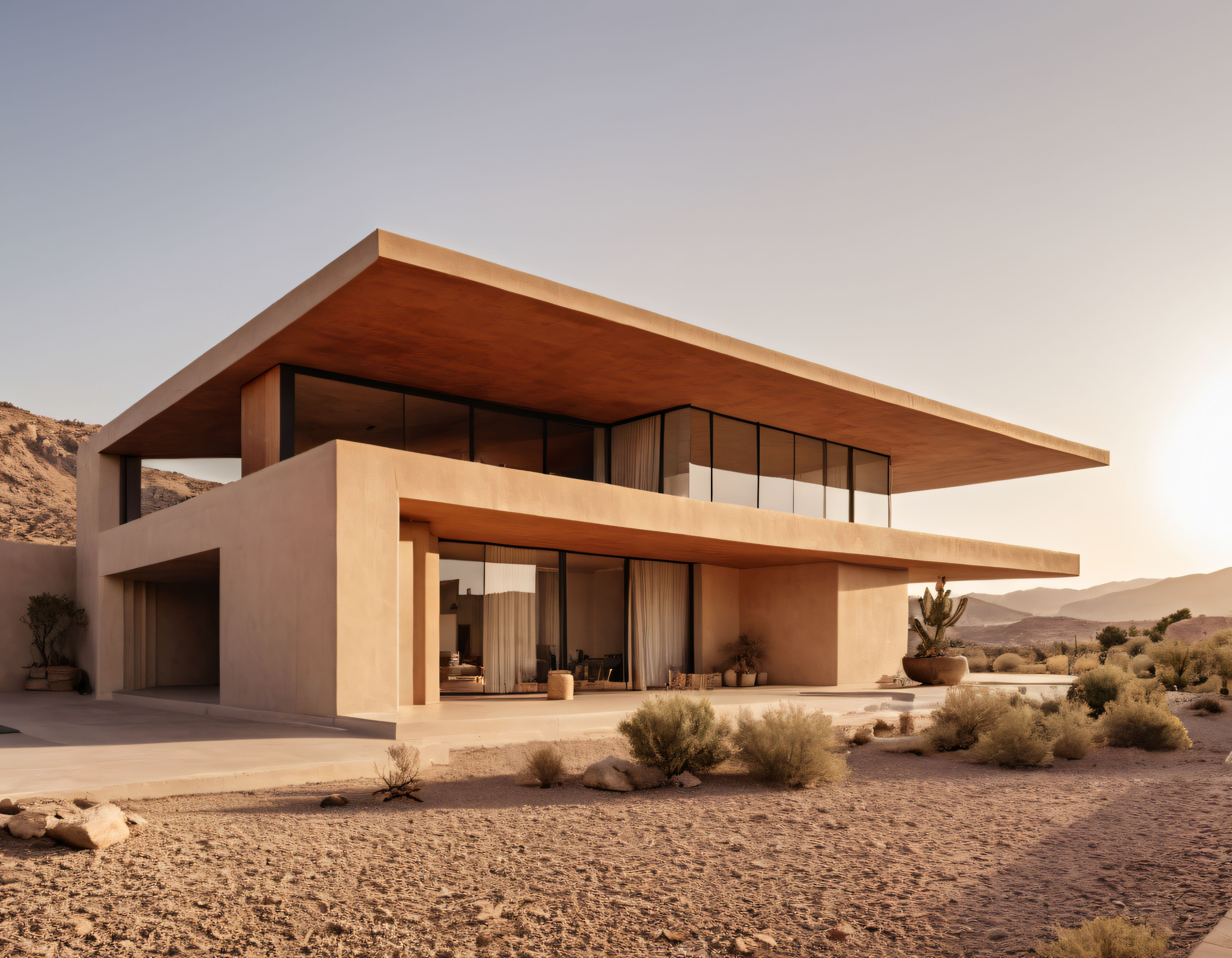 Çöl Manzaralı Lüks Modern Ev: Doğal Tonlarda Minimalist Mimari Tasarım
