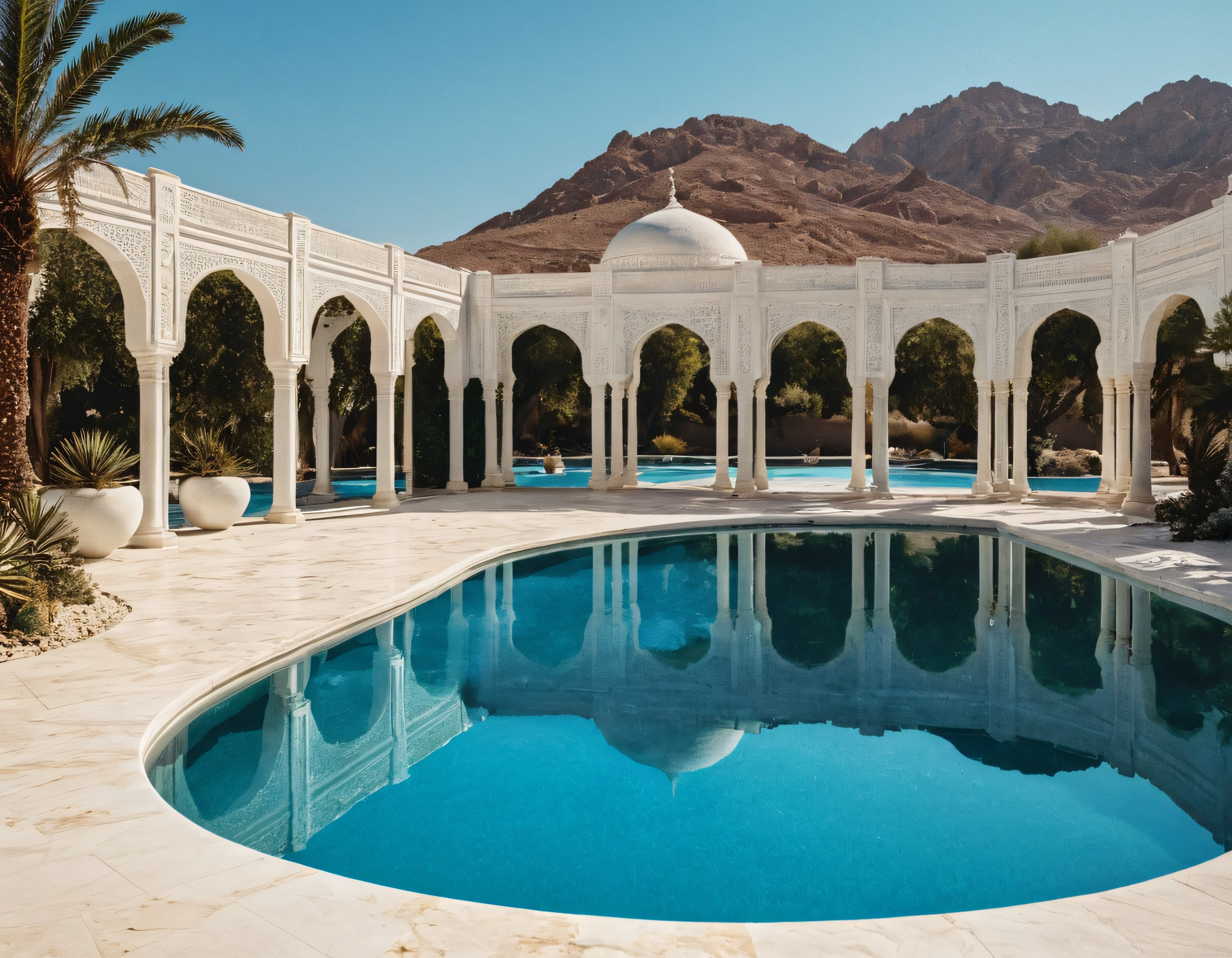 Çöl manzaralı lüks resort havuzu ve geleneksel beyaz mimari detayları