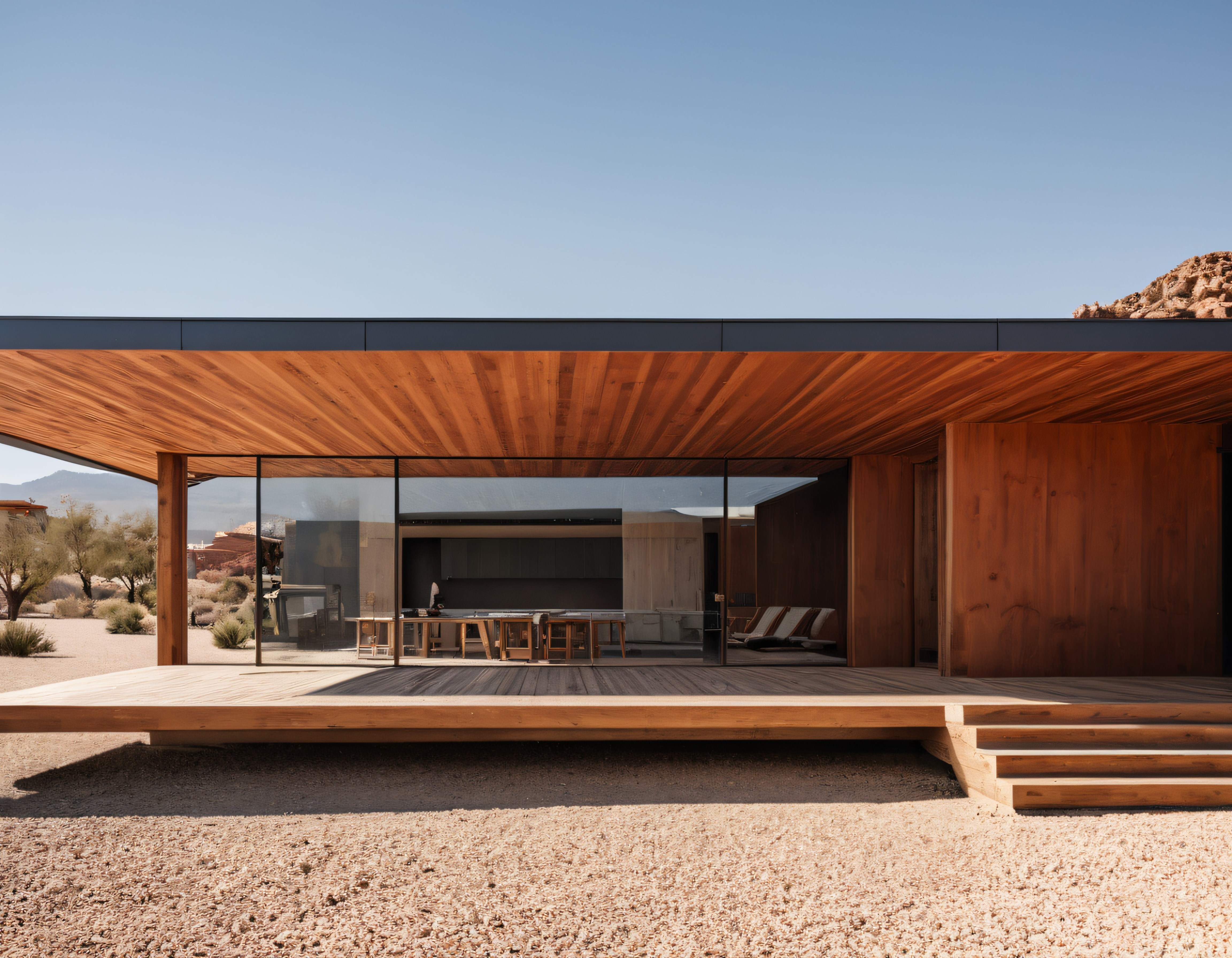 Çöl Manzaralı Modern Cam Cepheli Villa: Ahşap Deckli Minimalist Mimari