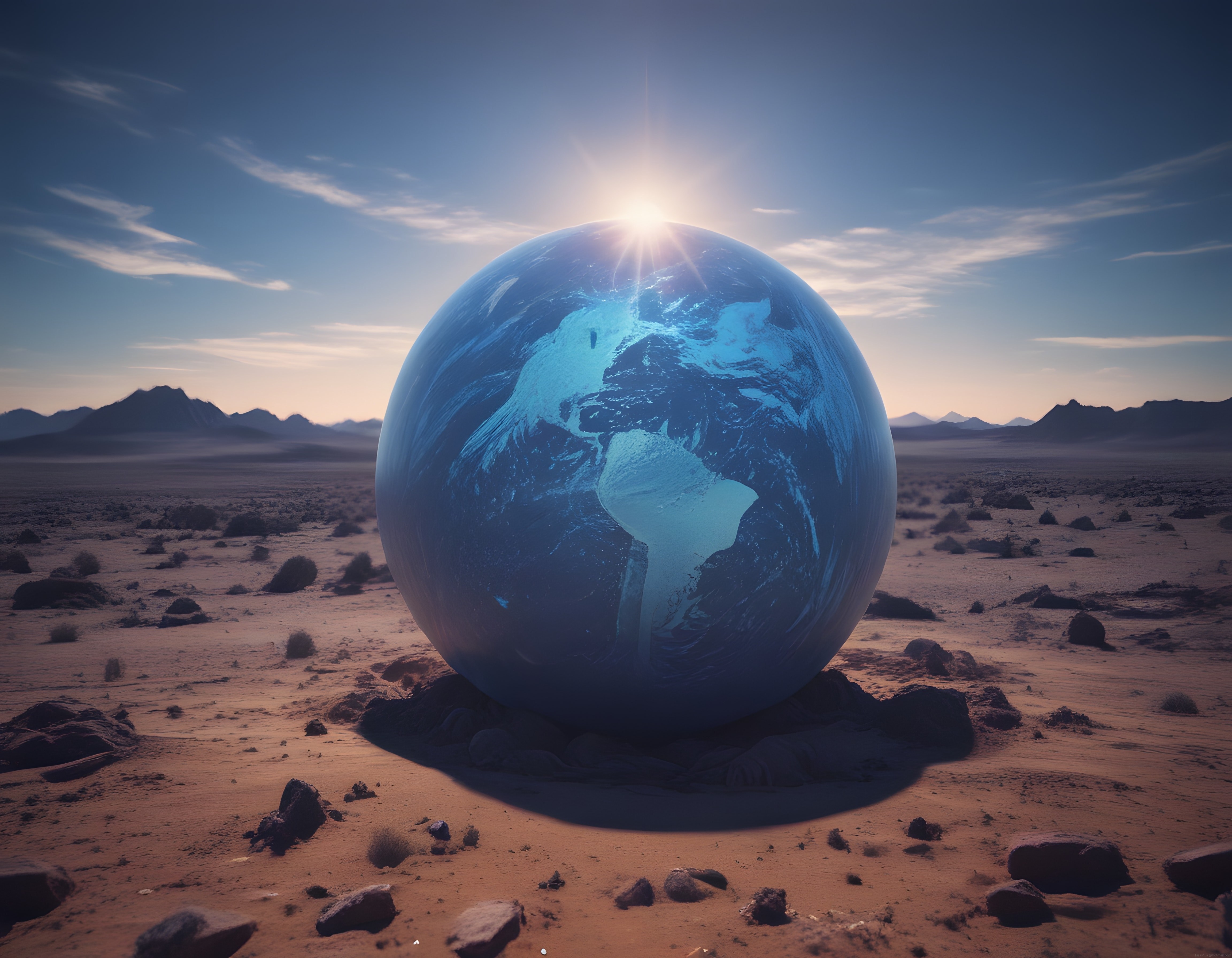 Çöl Manzarasında Parlayan Devasa Dünya Küresi ve Gizemli Atmosfer