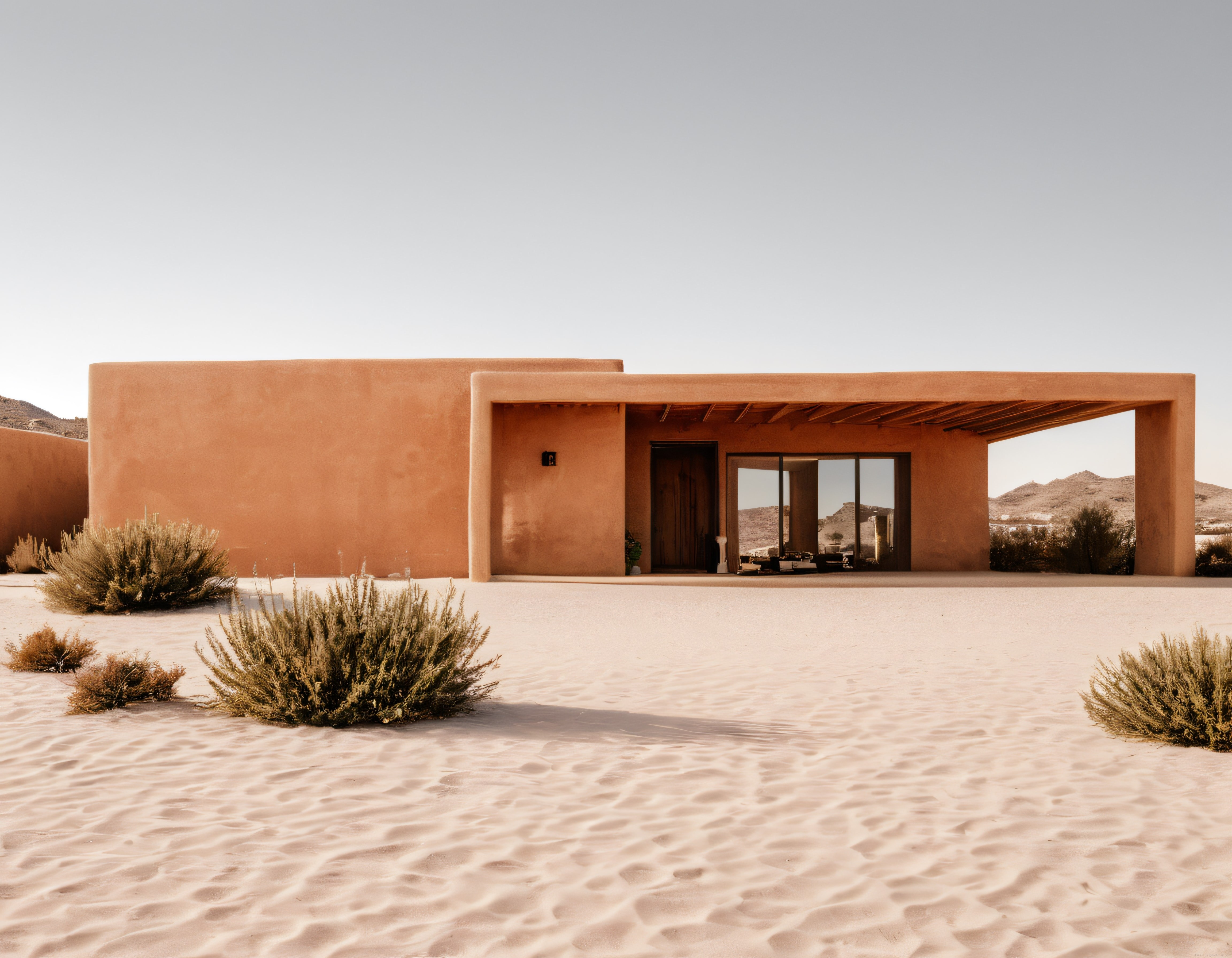 Çöl Manzarasında Toprak Tonlarında Modern Minimalist Adobe Villa ve Sessizlik