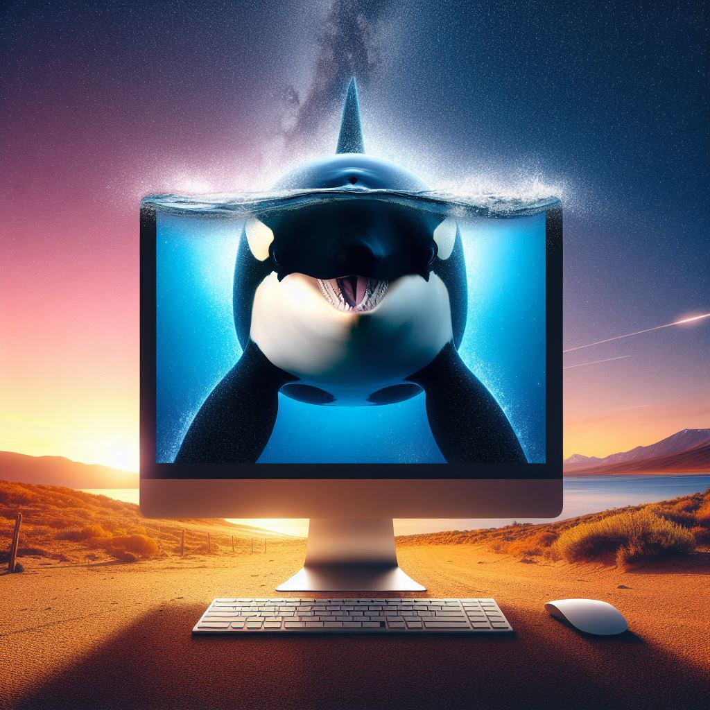 Çöl Ortasında Monitörden Yükselen Katil Balina: Dijital Sanat Eseri