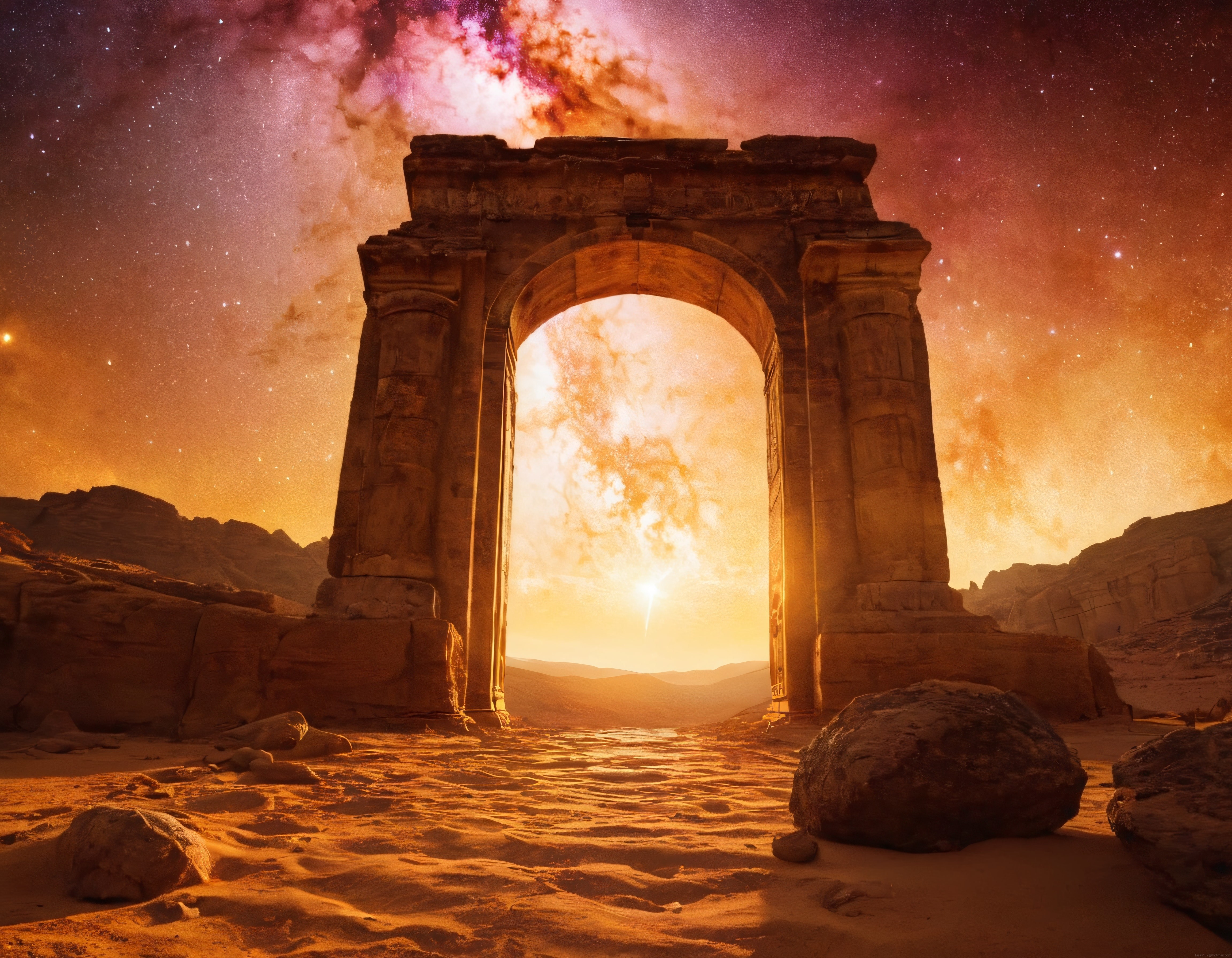 Çölde Antik Portal ve Yıldızlı Gökada: Zamansız Bir Bilim Kurgu Manzarası