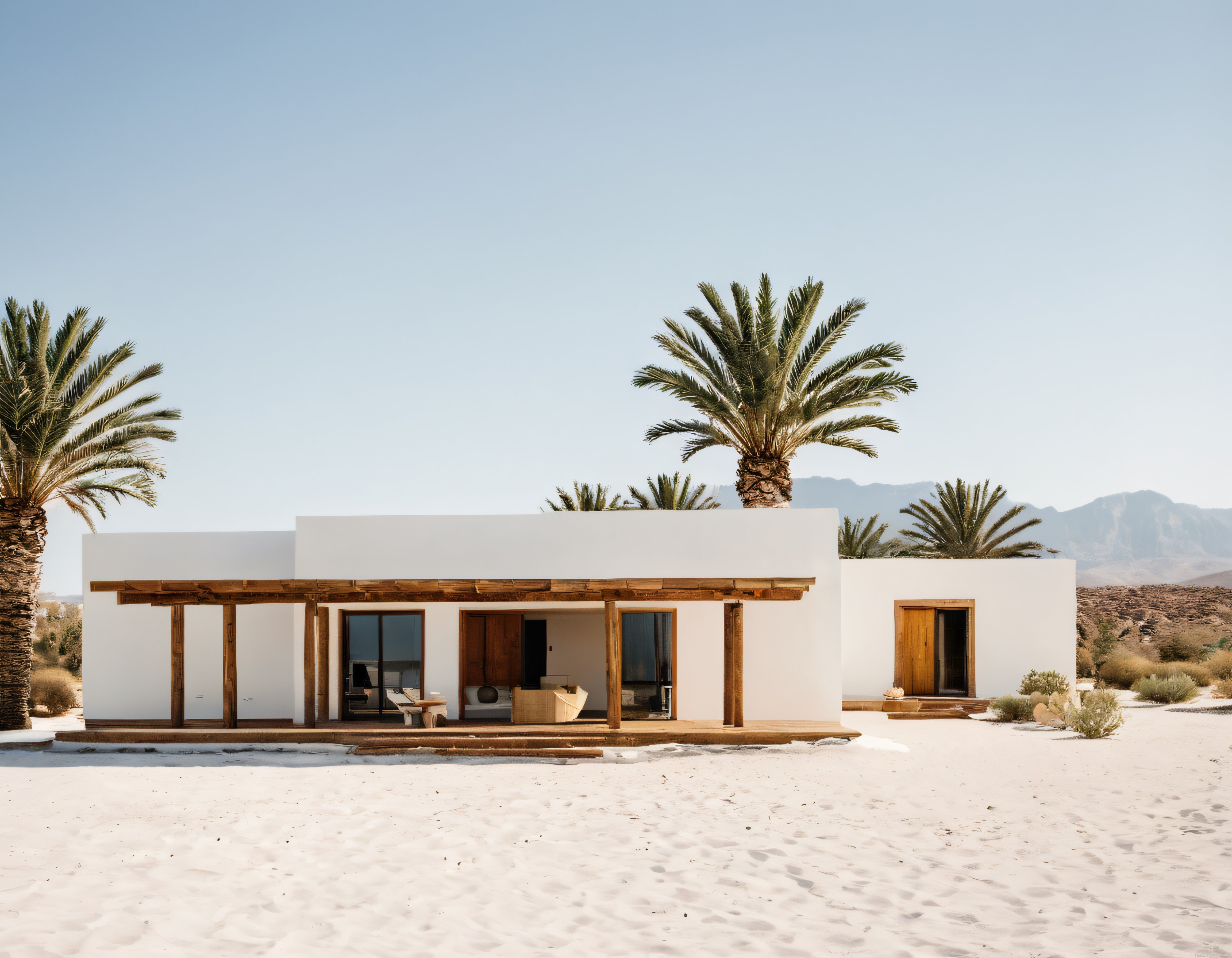 Çölde Beyaz Duvarlı Ahşap Detaylı Modern Mimari Villa ve Palmiye Ağaçları