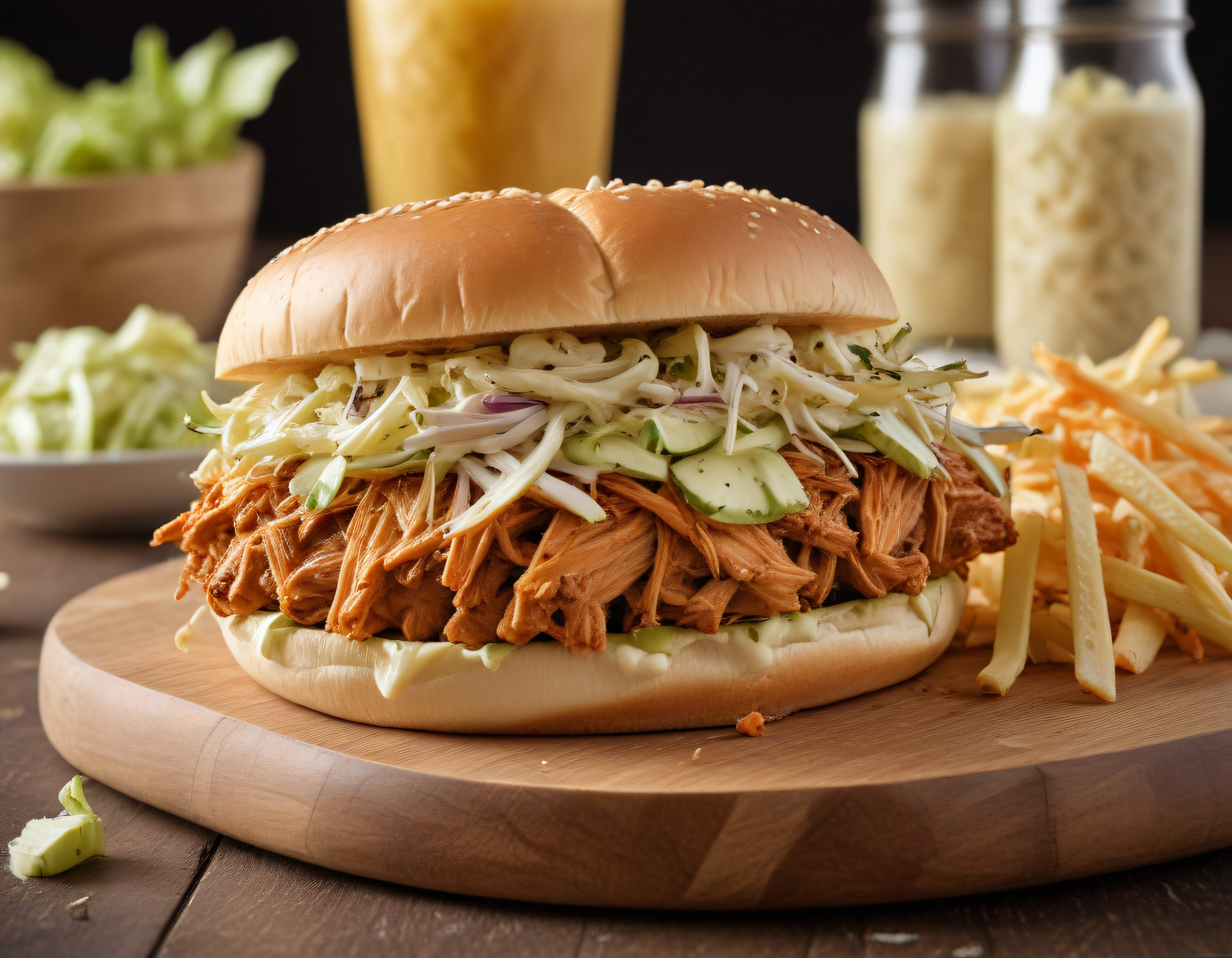 Coleslaw ve çıtır patates eşliğinde lokum gibi pulled et burger sunumu