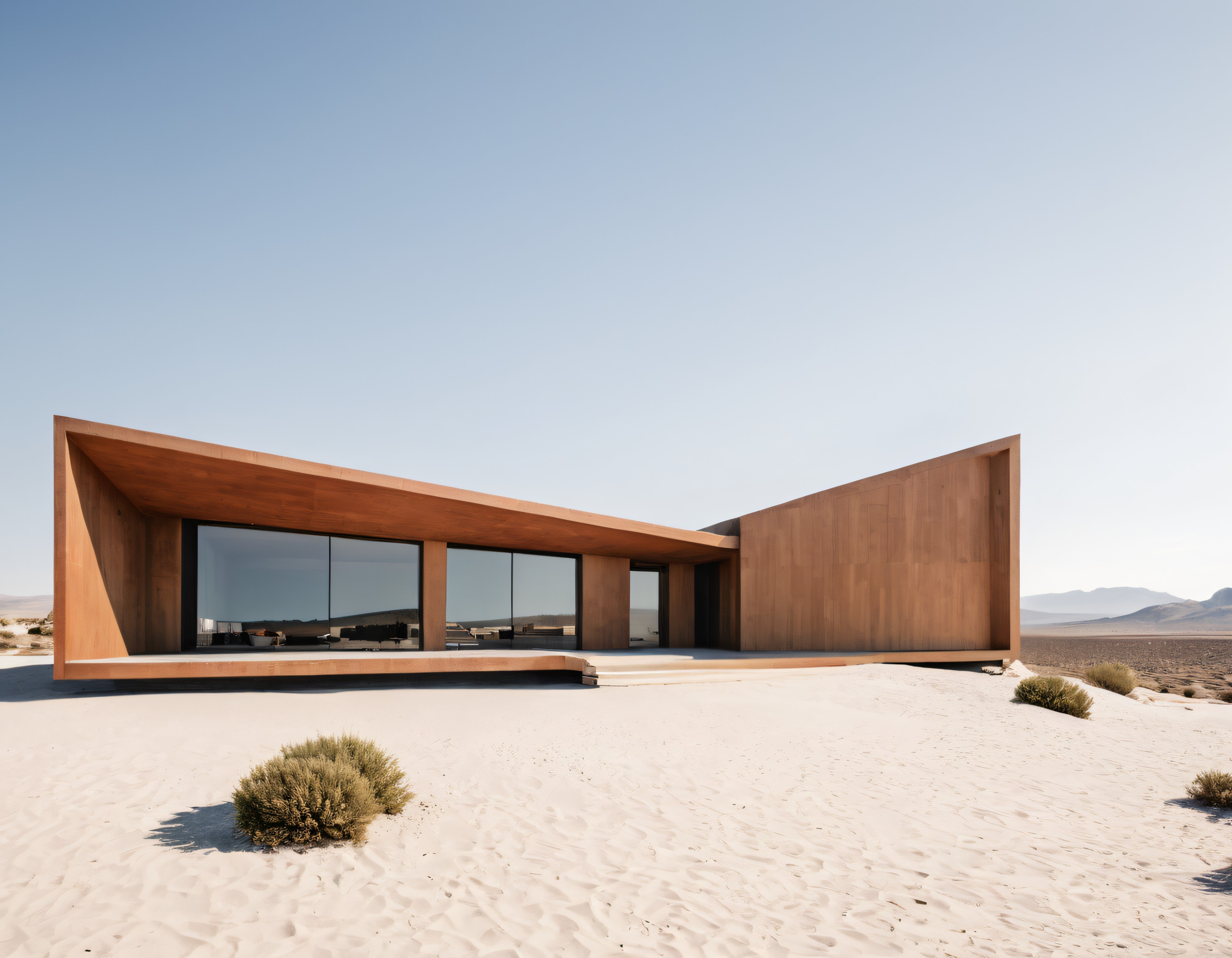 Çölün ortasında modern minimalist ahşap kaplamalı villa ve geniş cam cephe