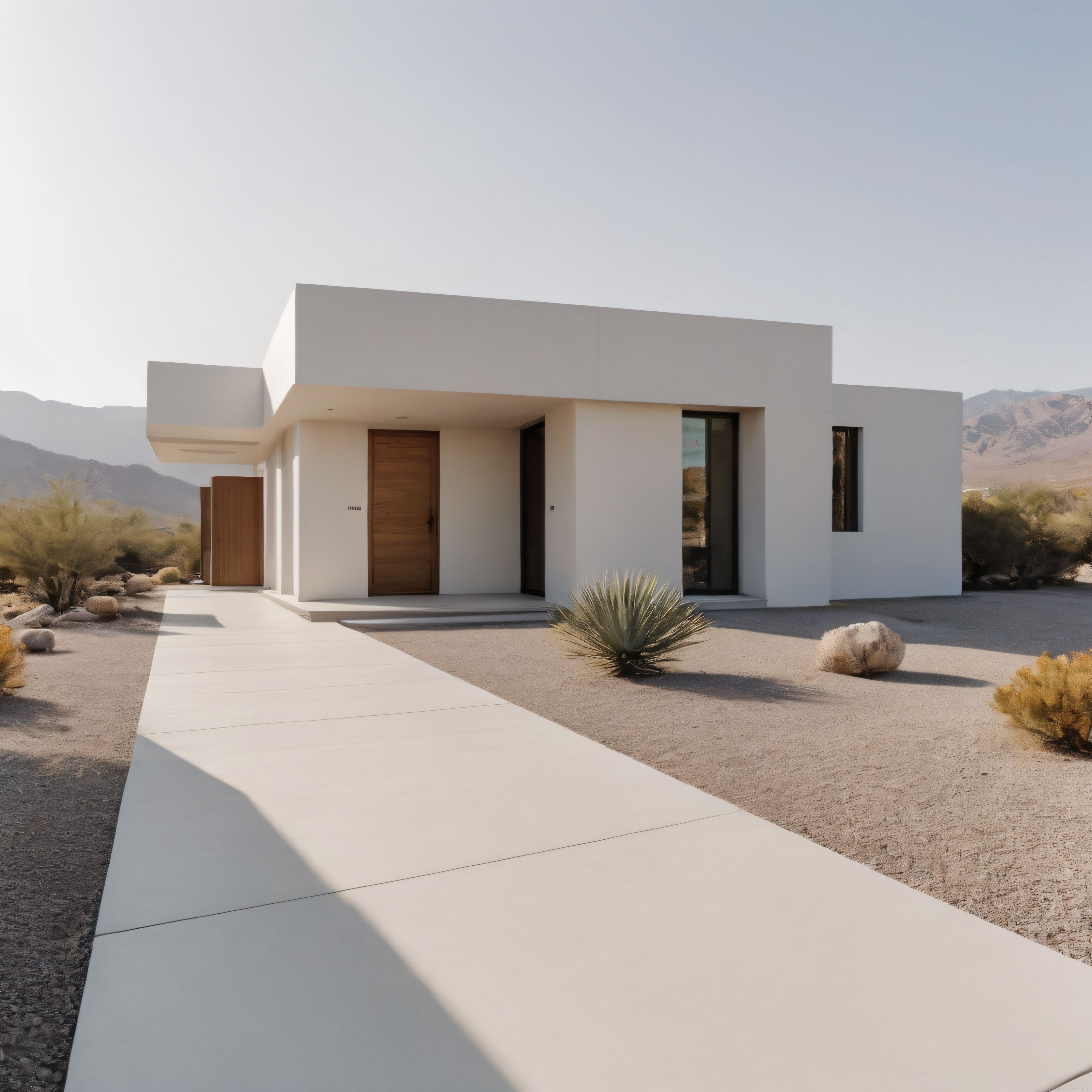 Çölün ortasında sıcak ışıkla bütünleşen minimalist beyaz modern villa tasarımı