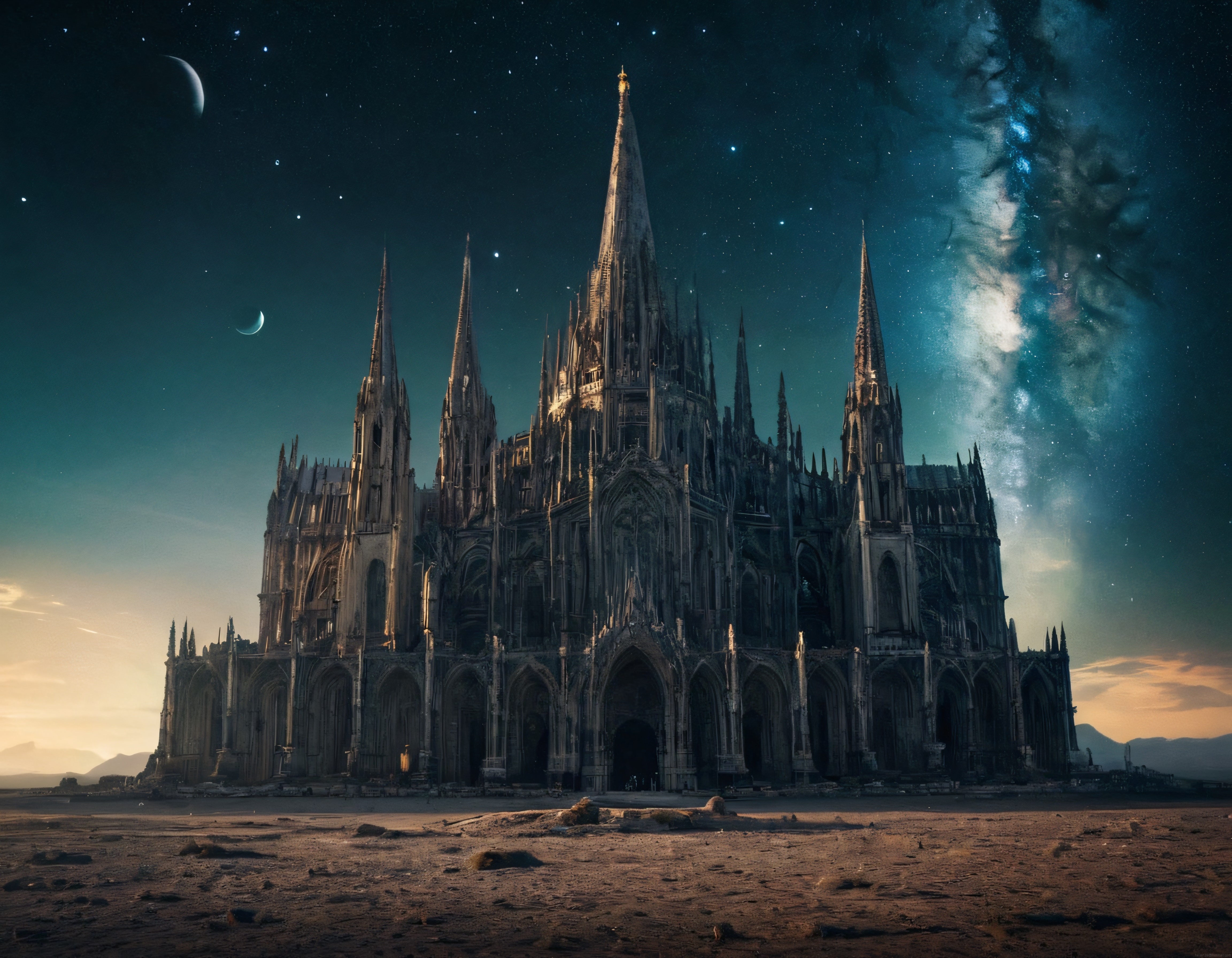 Çölün Ortasında Yükselen Gotik Katedral ve Yıldızlarla Dolu Gizemli Gece