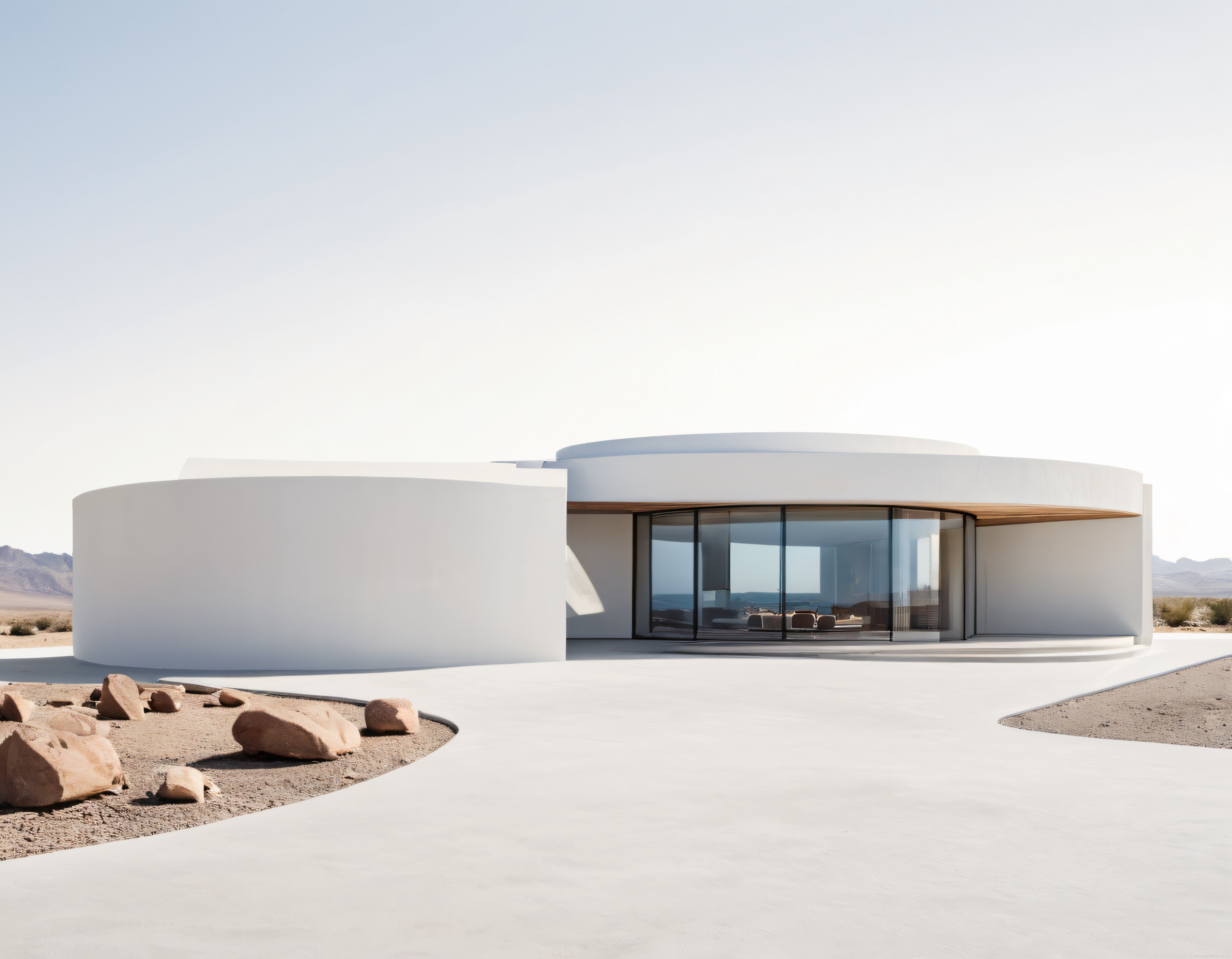 Çölün Ortasındaki Beyaz Yuvarlak Villa ve Modern Minimalist Cam Cephe