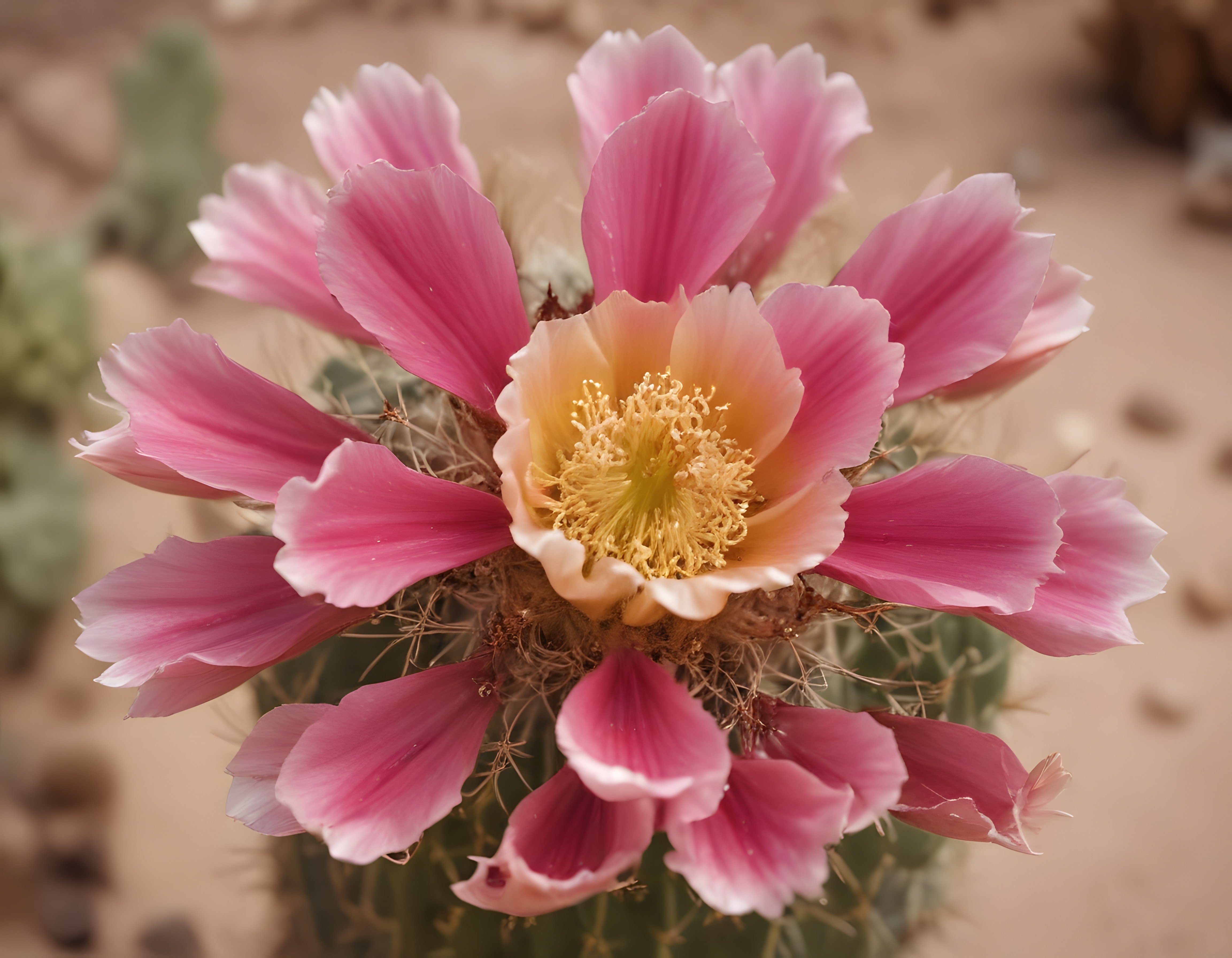 Çölün Saklı Hazinesi: Pembe Kaktüs Çiçeğinin Büyüleyici Makro Fotoğrafı