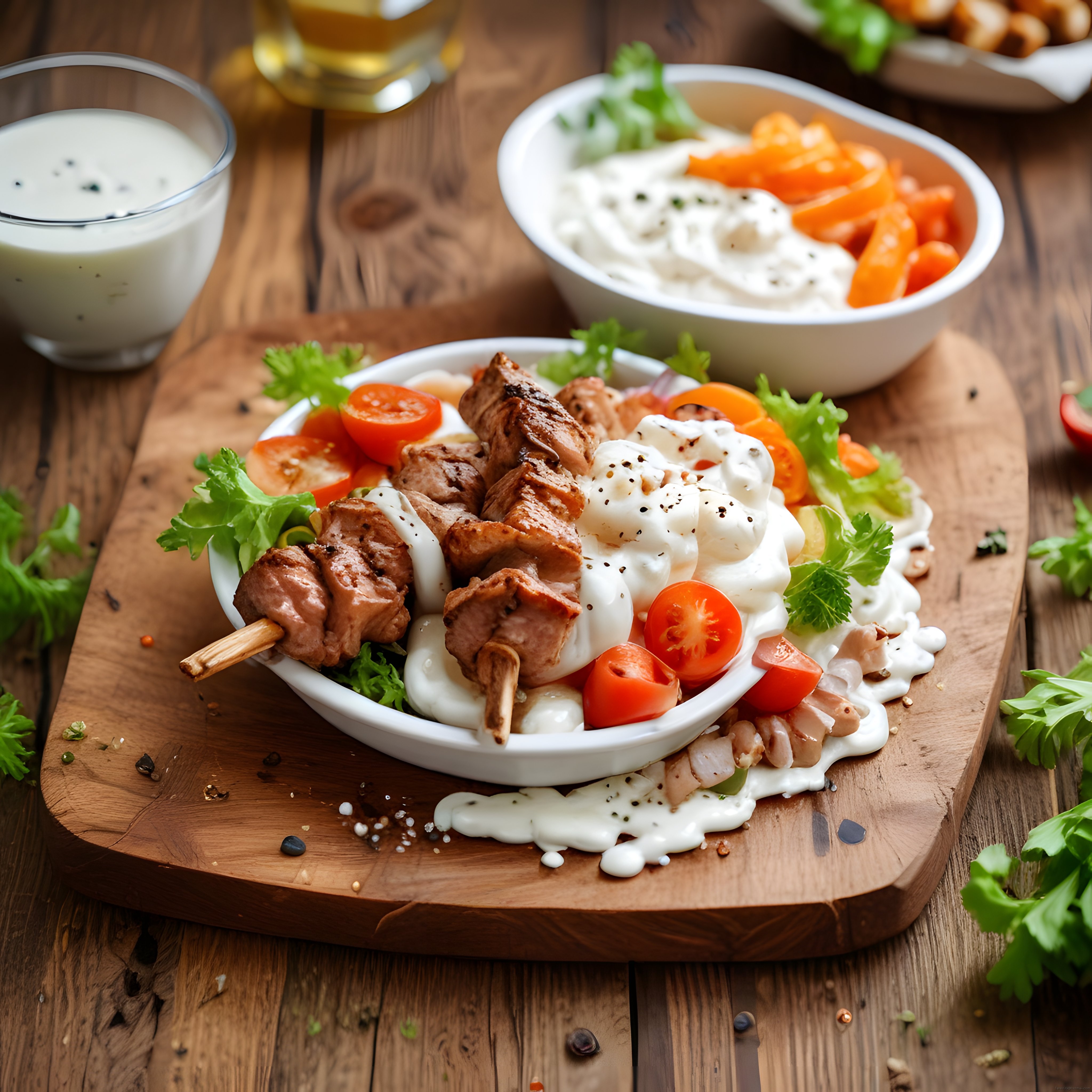 Çöp şişte et kebap, yoğurt sos ve domatesle rustik ahşap sunum tahtası